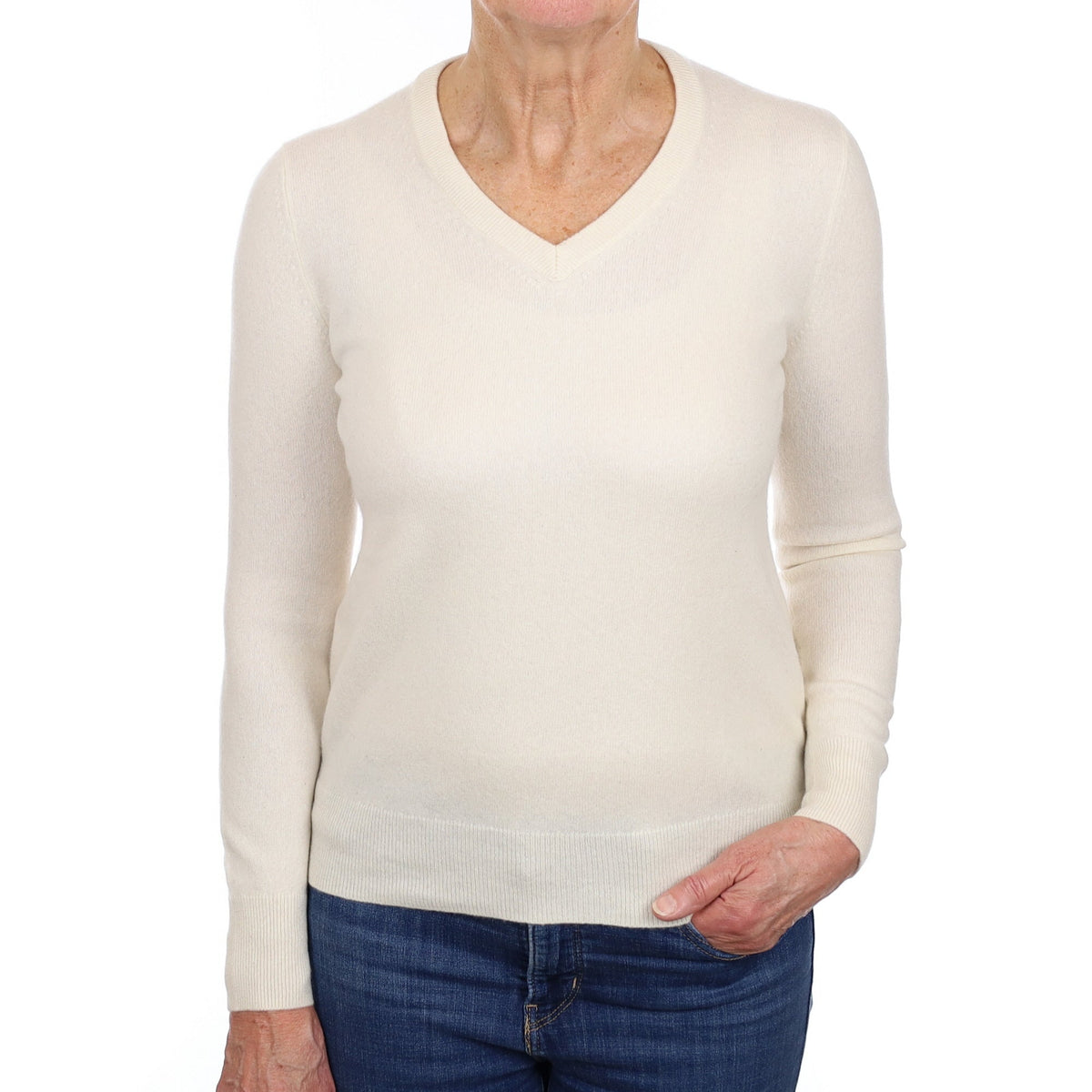 Ivory Cashmere V Neck Jumper Medium
