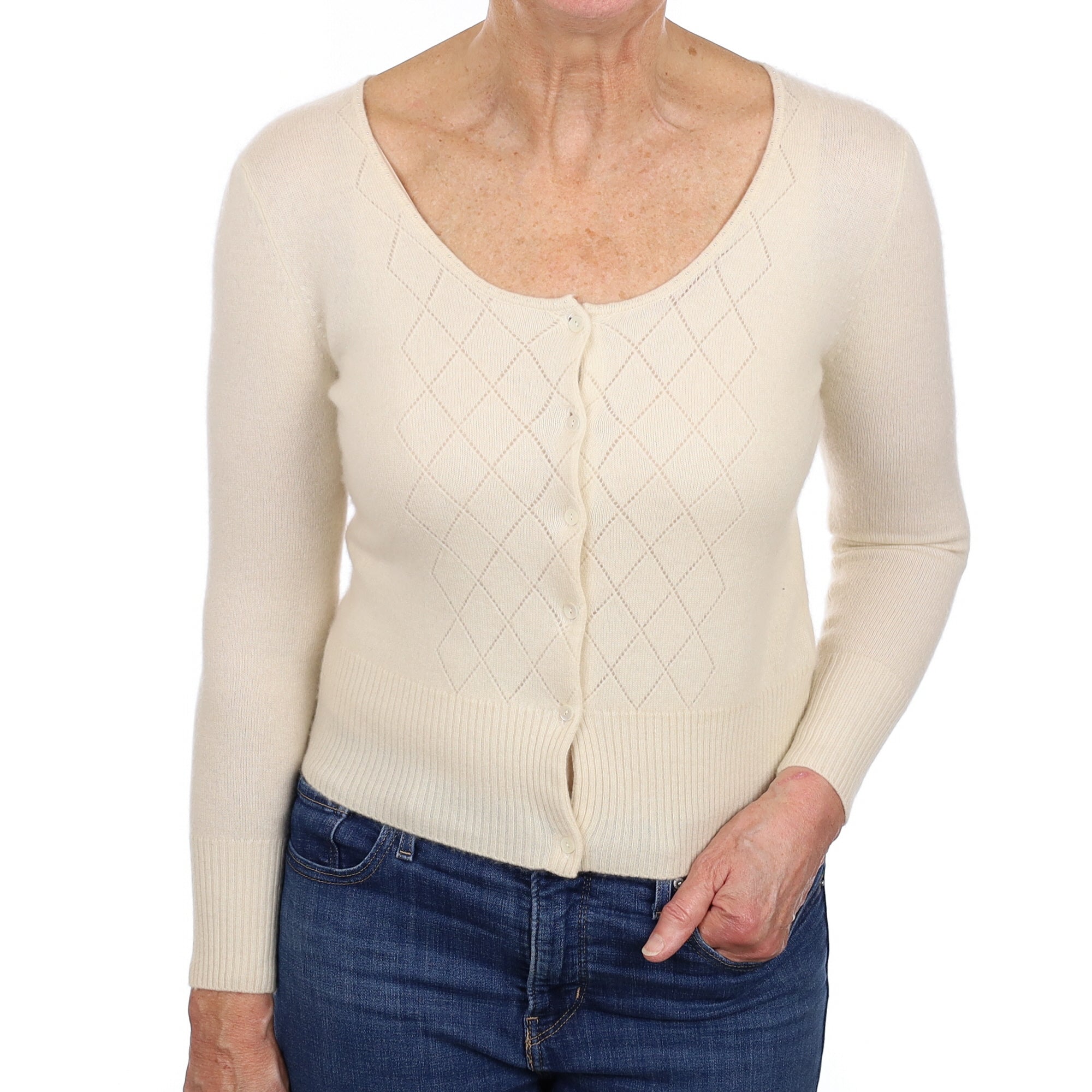 Cream Textured Cashmere Scoop Neck Cardigan Medium