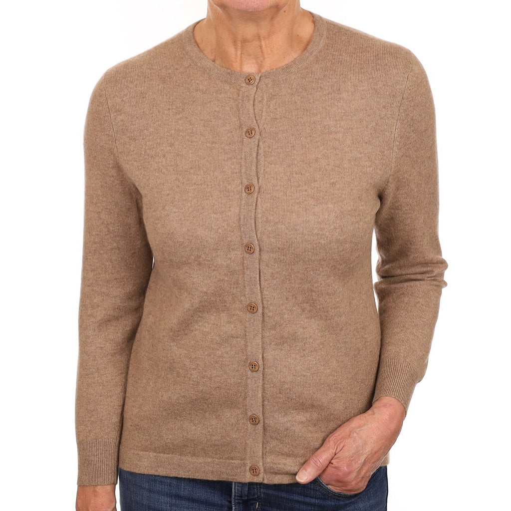 Taupe Cashmere Crew Neck Cardigan Medium