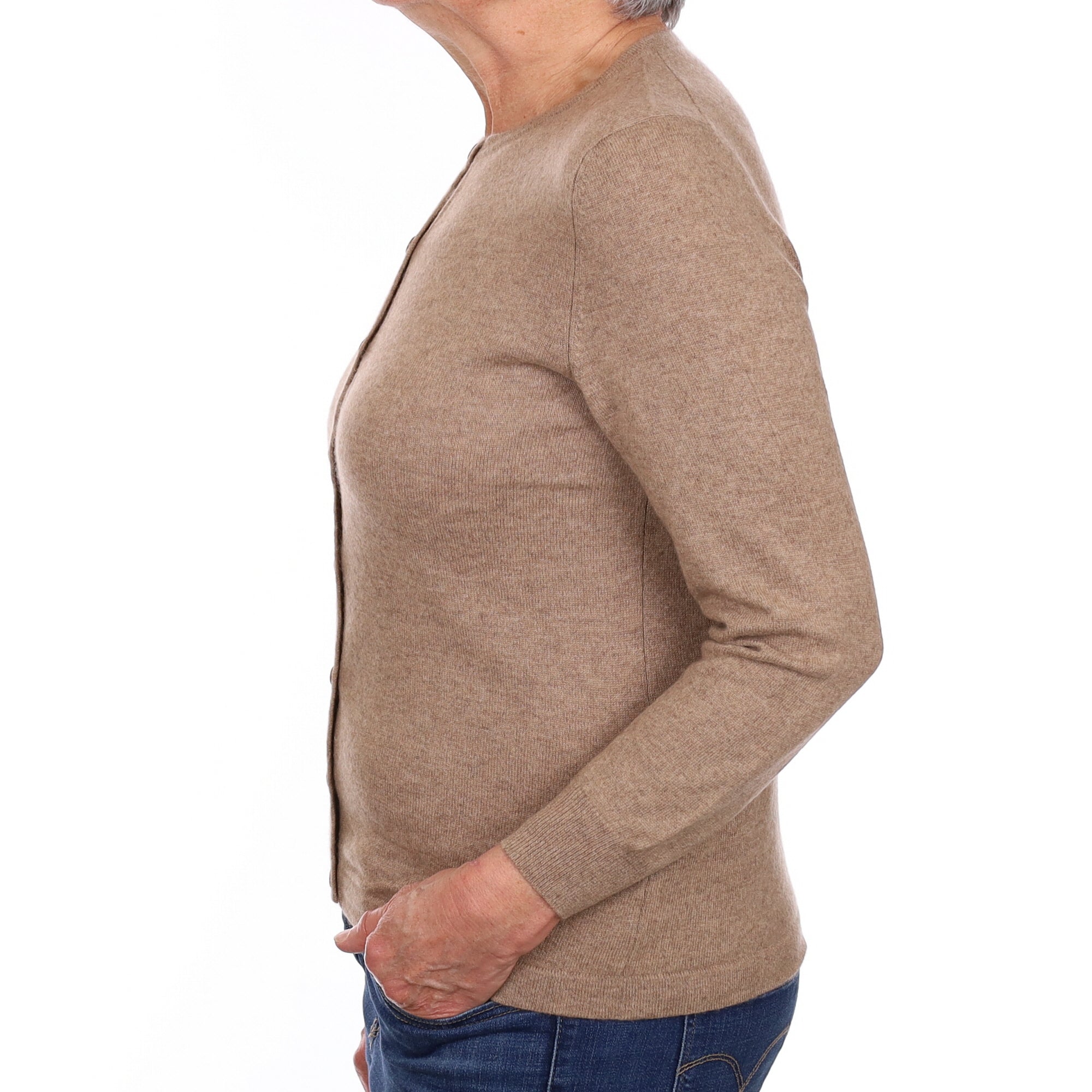 Taupe Cashmere Crew Neck Cardigan Medium
