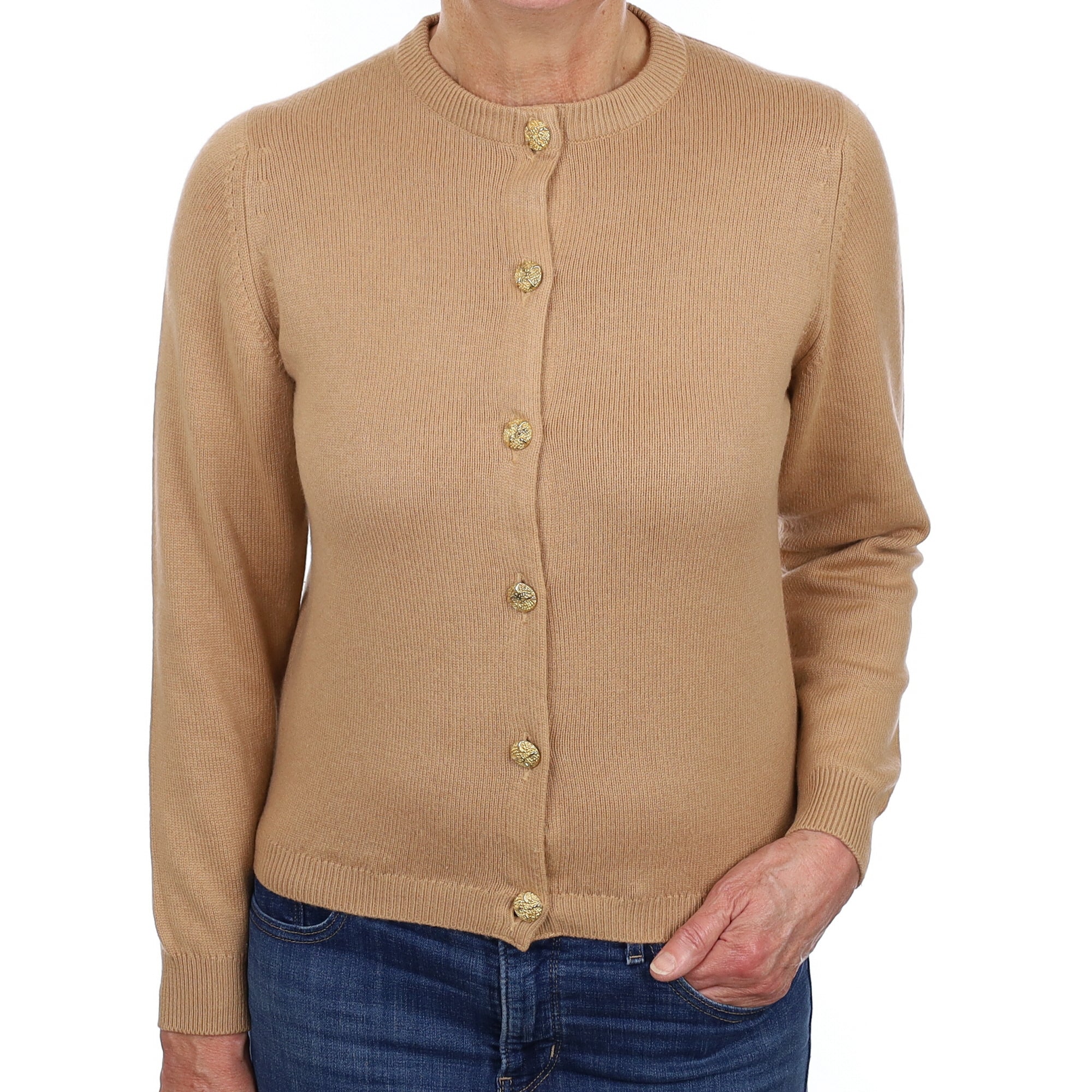 Scottish Caramel Brown Cashmere Crew Neck Cardigan Medium