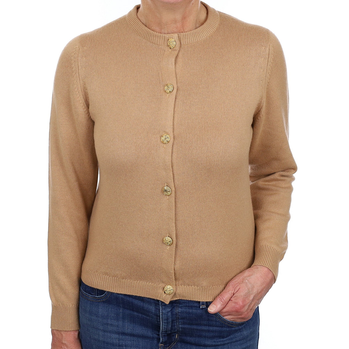 Scottish Caramel Brown Cashmere Crew Neck Cardigan Medium