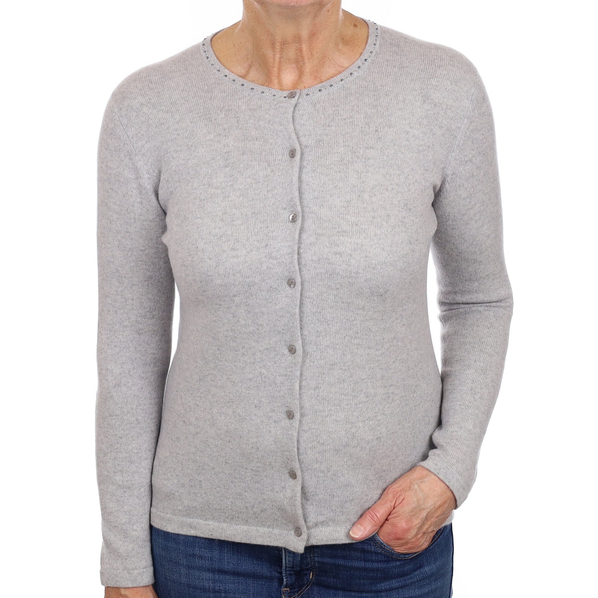 Mist Grey Cashmere Bead Trim Crew Neck Cardigan Medium