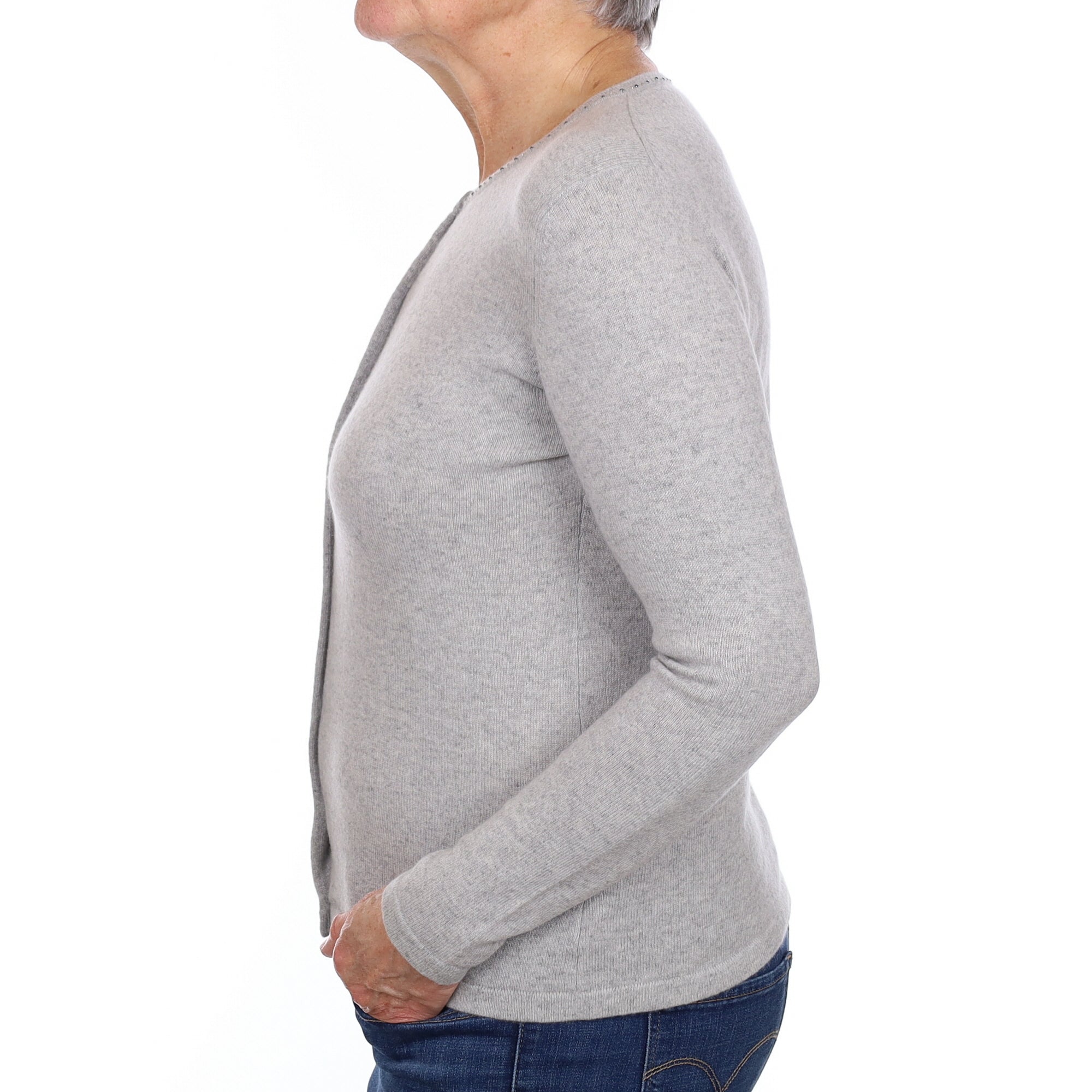 Mist Grey Cashmere Bead Trim Crew Neck Cardigan Medium