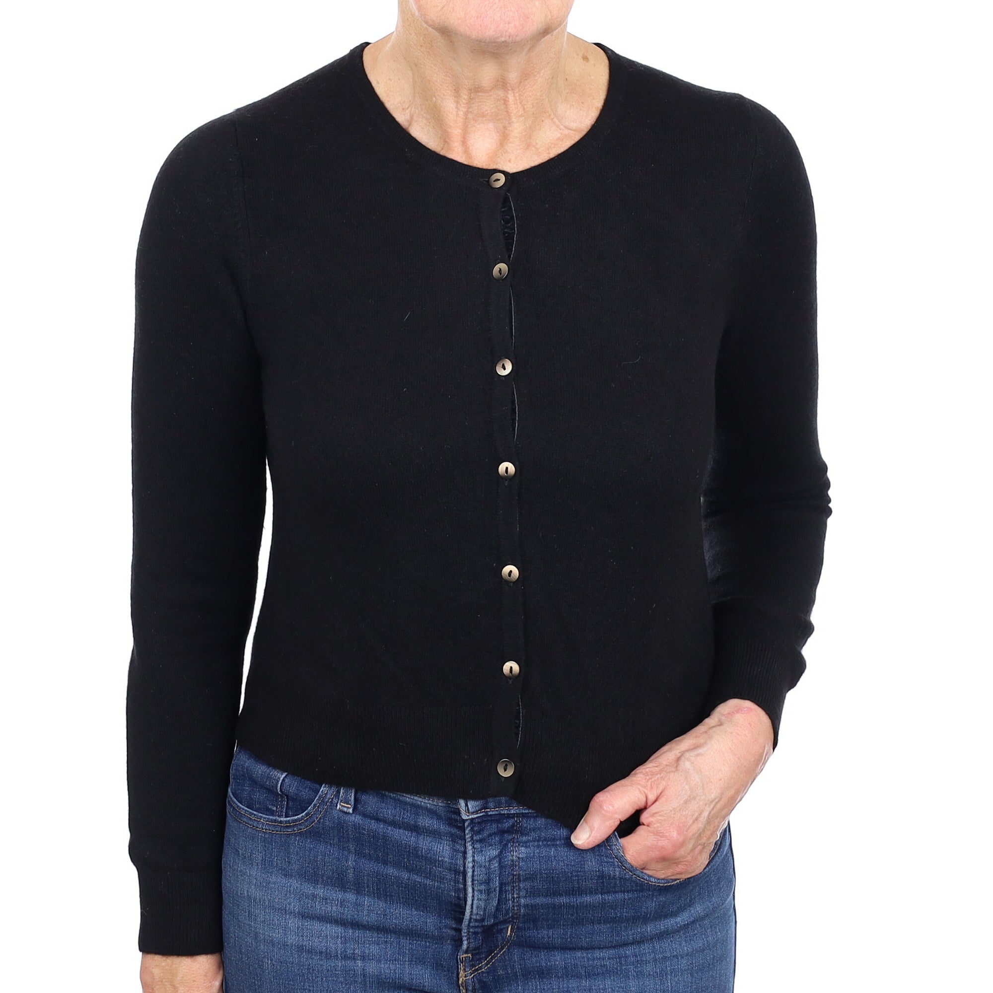 Black Cashmere Cropped Crew Neck Cardigan Medium