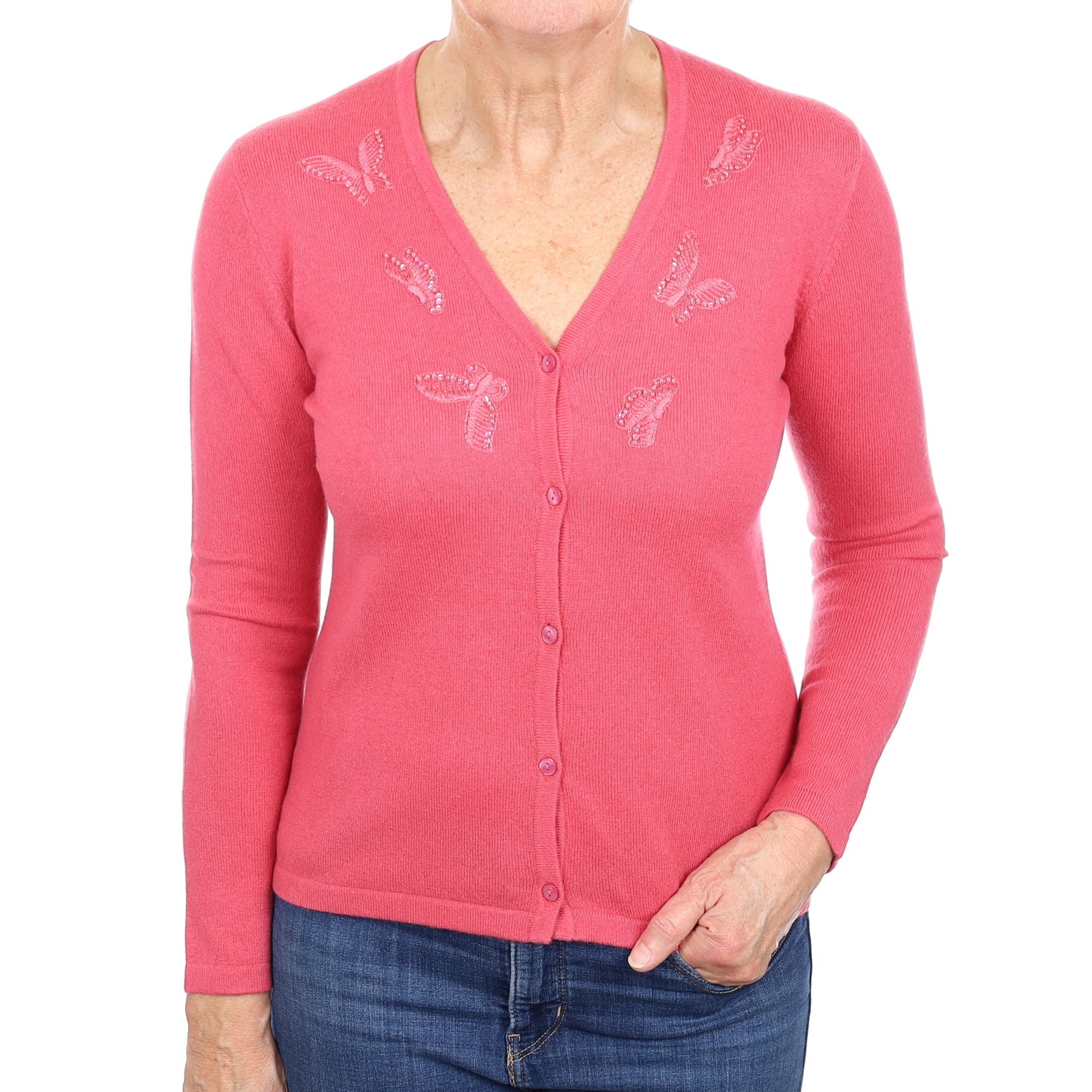 Rose Pink Embellished Cashmere V Neck Cardigan Medium