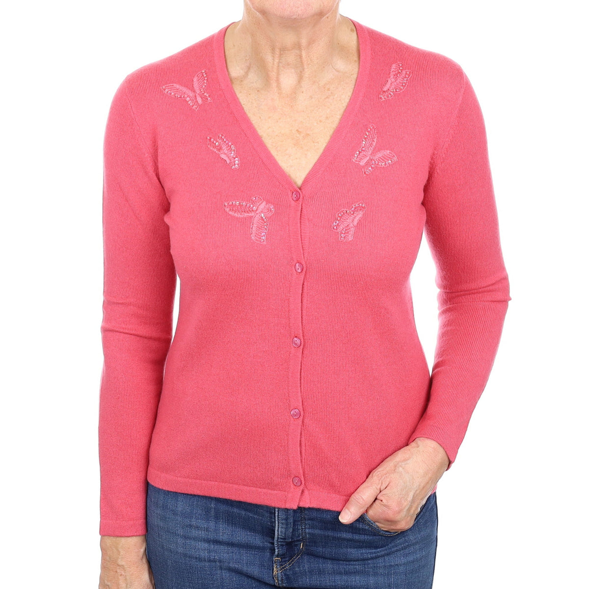 Rose Pink Embellished Cashmere V Neck Cardigan Medium