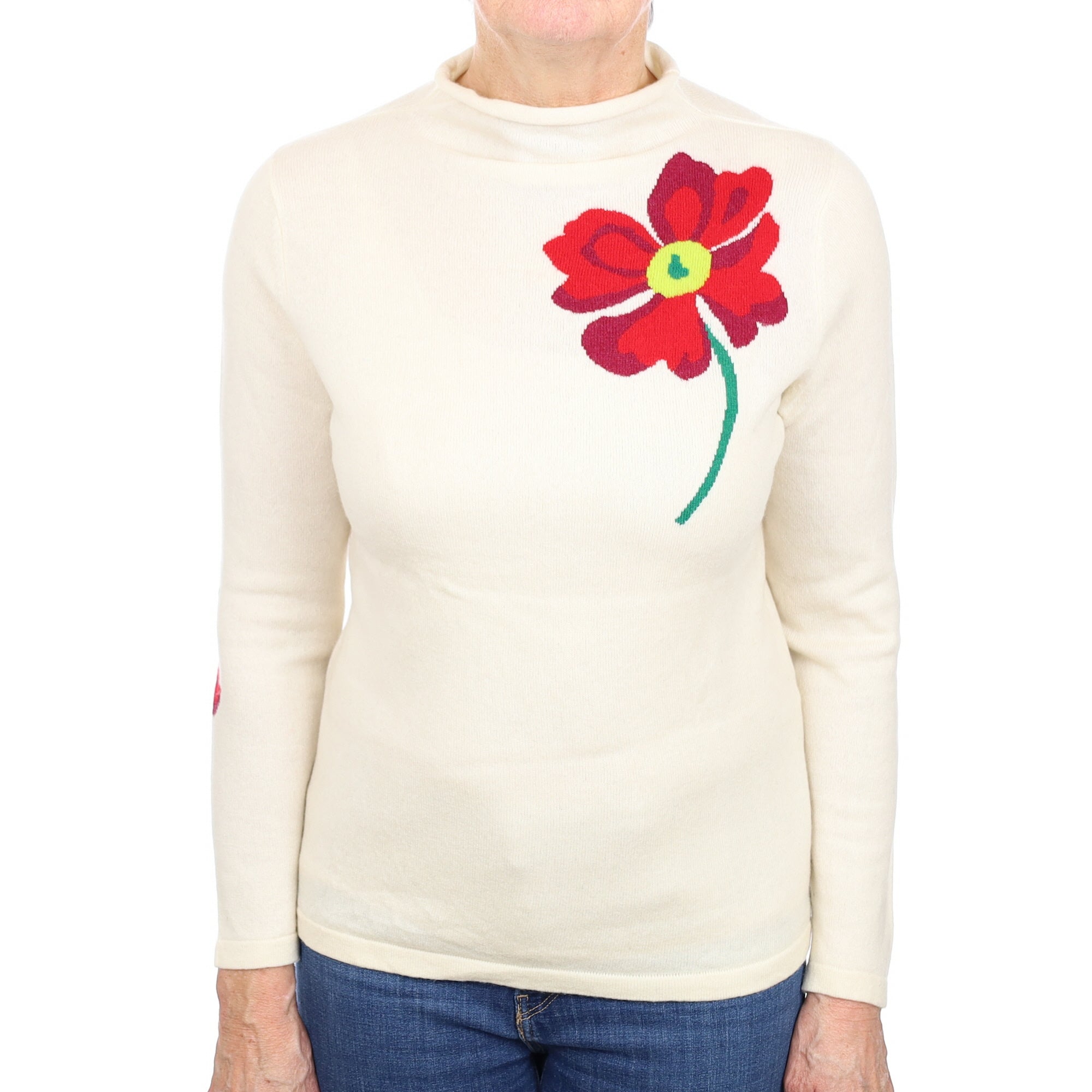 Cream Floral Cashmere Funnel Neck Jumper Medium