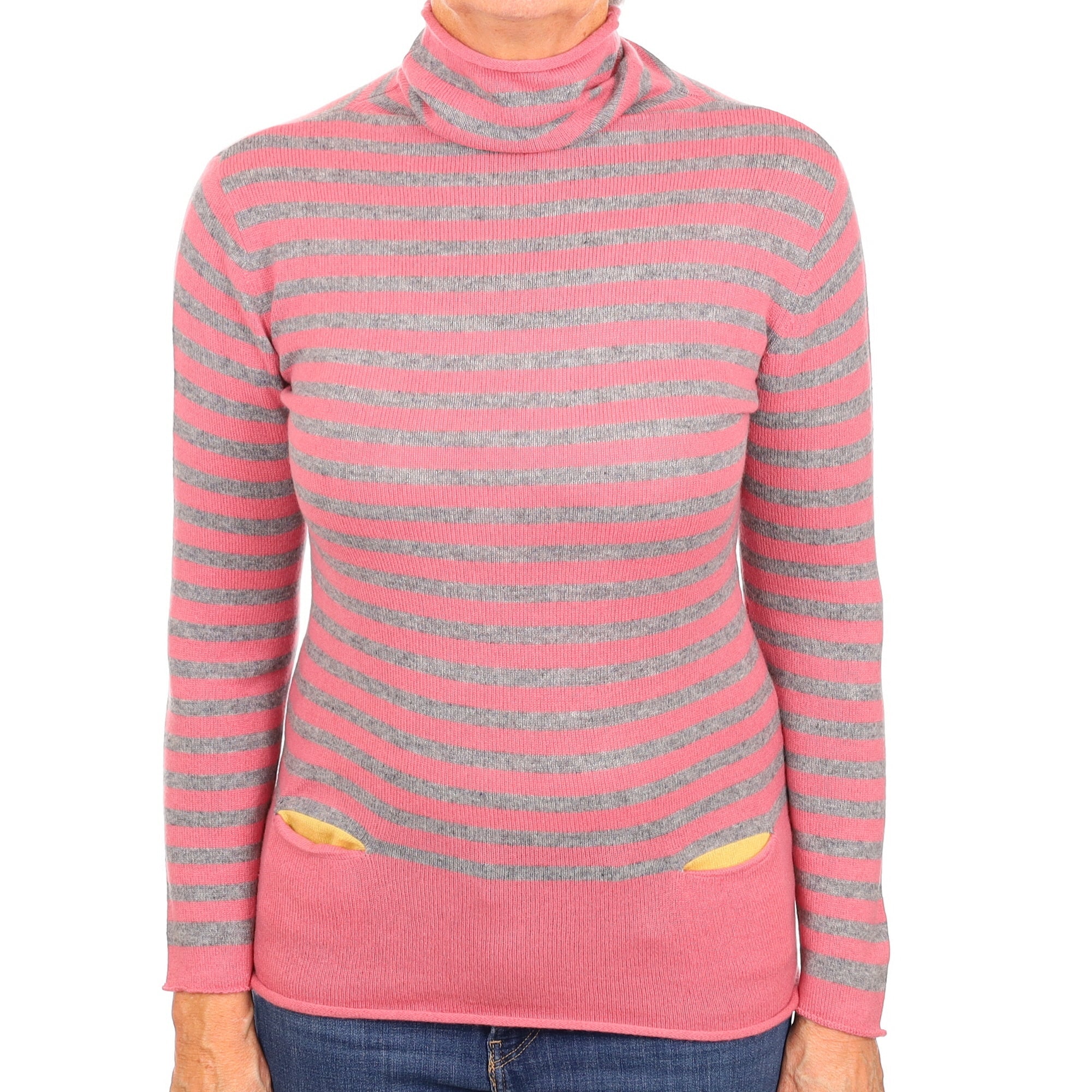 Pink and Grey Stripe Cashmere Funnel Neck Jumper Medium