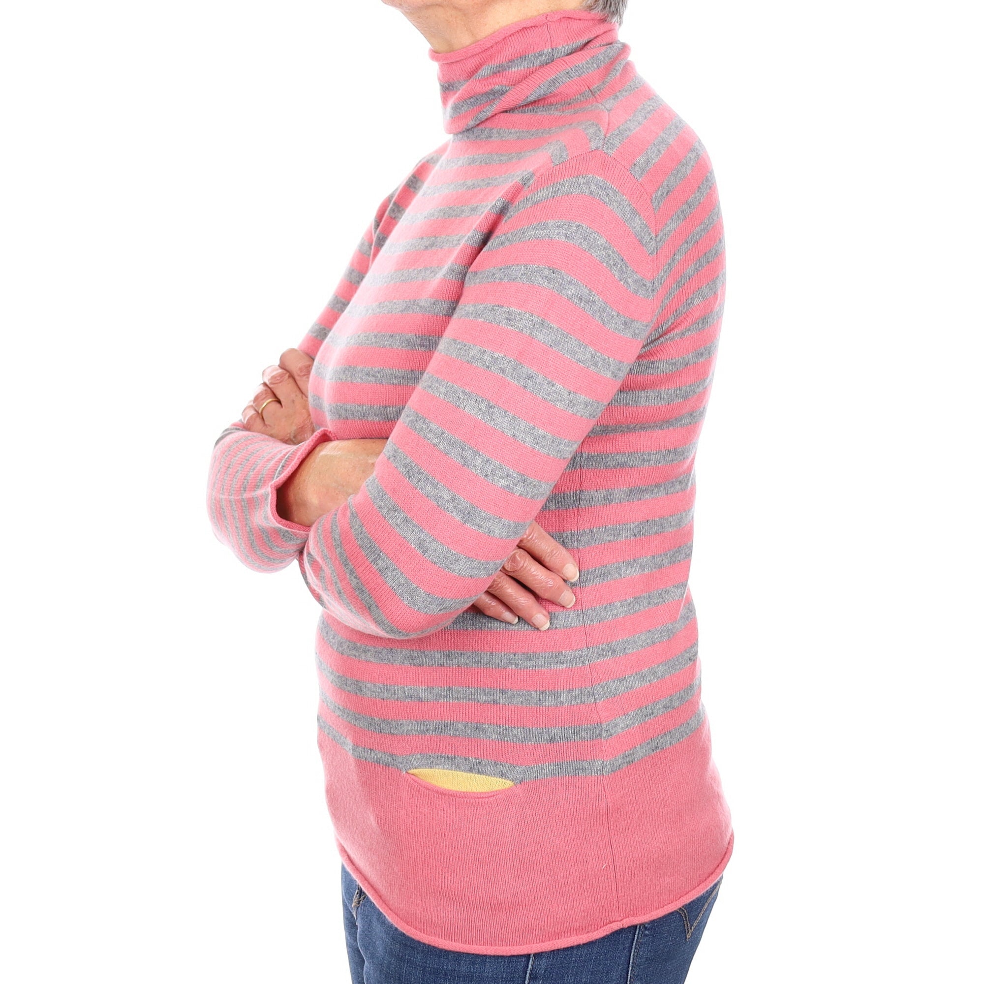 Pink and Grey Stripe Cashmere Funnel Neck Jumper Medium