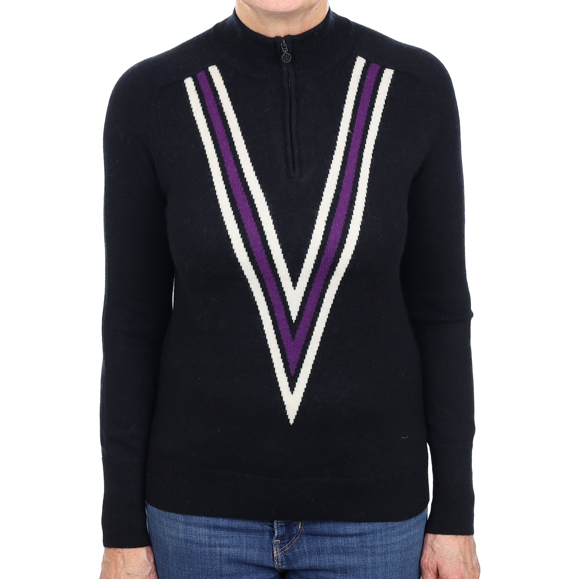 Black Patterned Cashmere 1/4 Zip Turtle Neck Jumper Medium