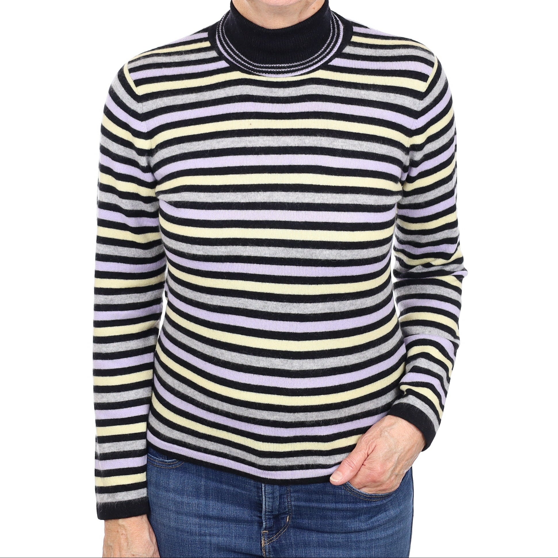 Black and Lemon Stripe Cashmere Polo Neck Jumper Medium