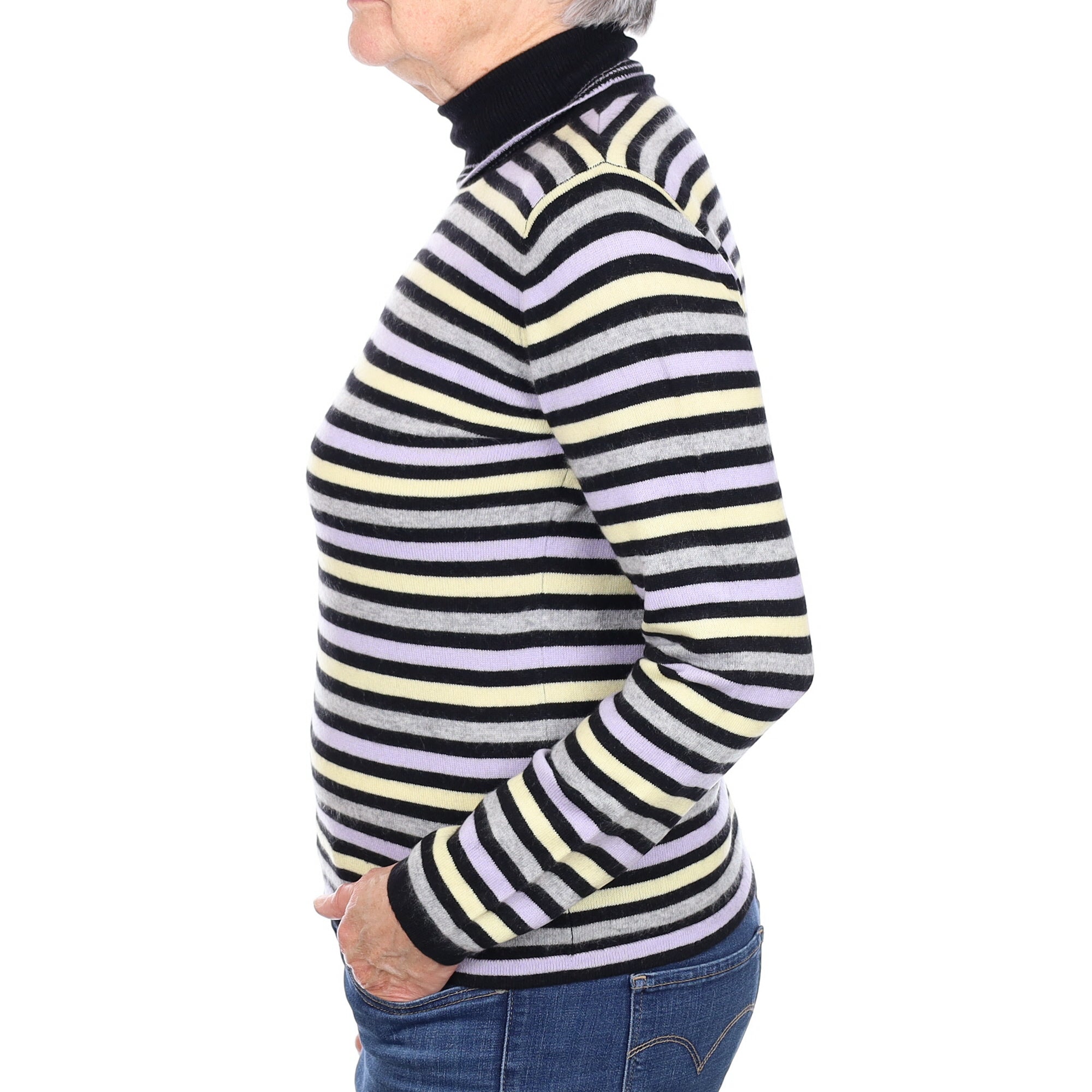 Black and Lemon Stripe Cashmere Polo Neck Jumper Medium
