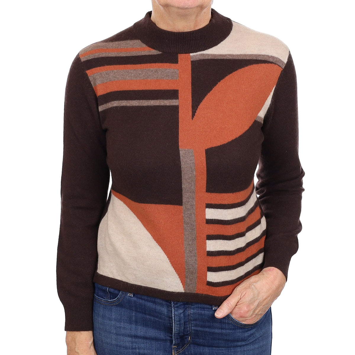 Chocolate and Rust Patterned Cashmere Turtle Neck Jumper Medium