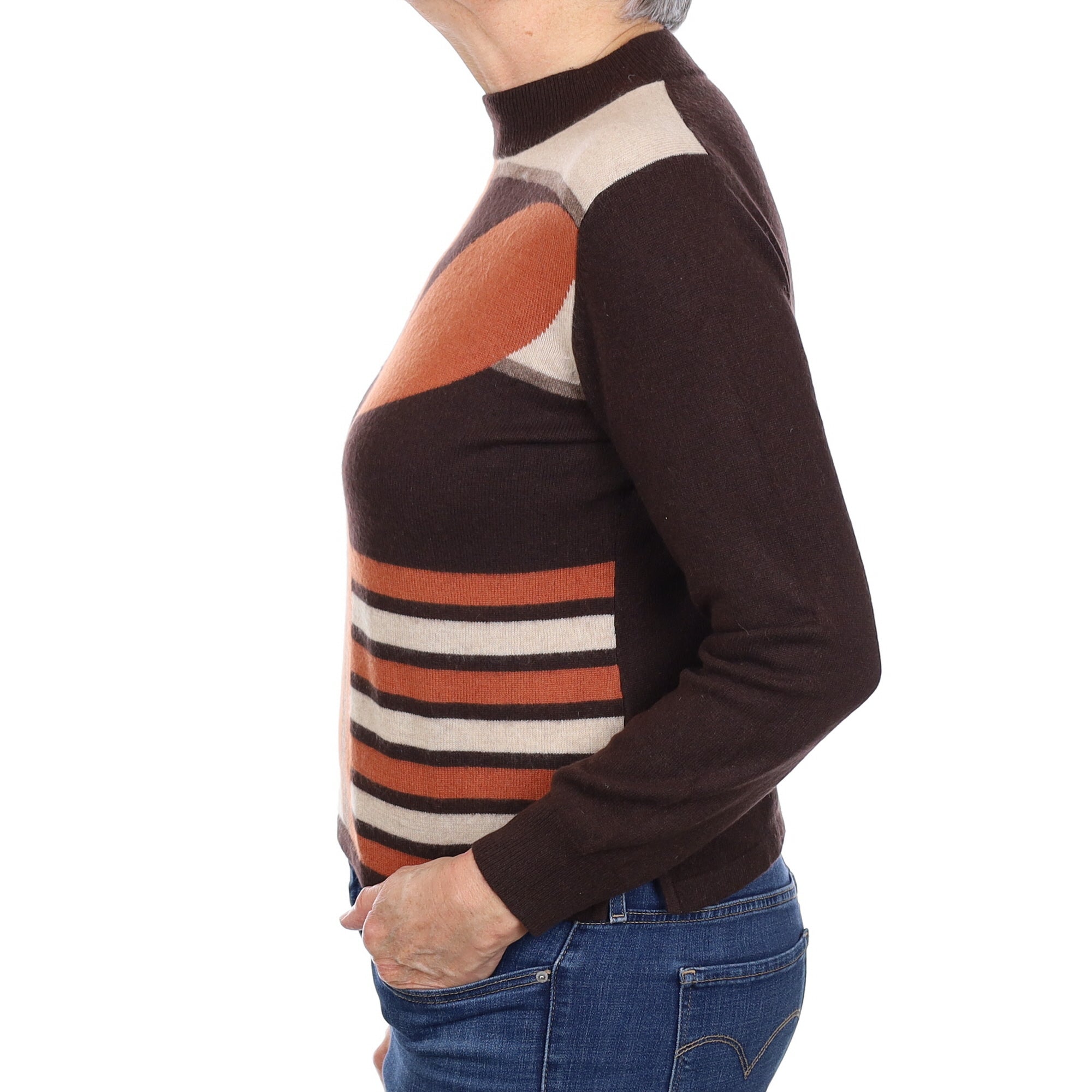 Chocolate and Rust Patterned Cashmere Turtle Neck Jumper Medium