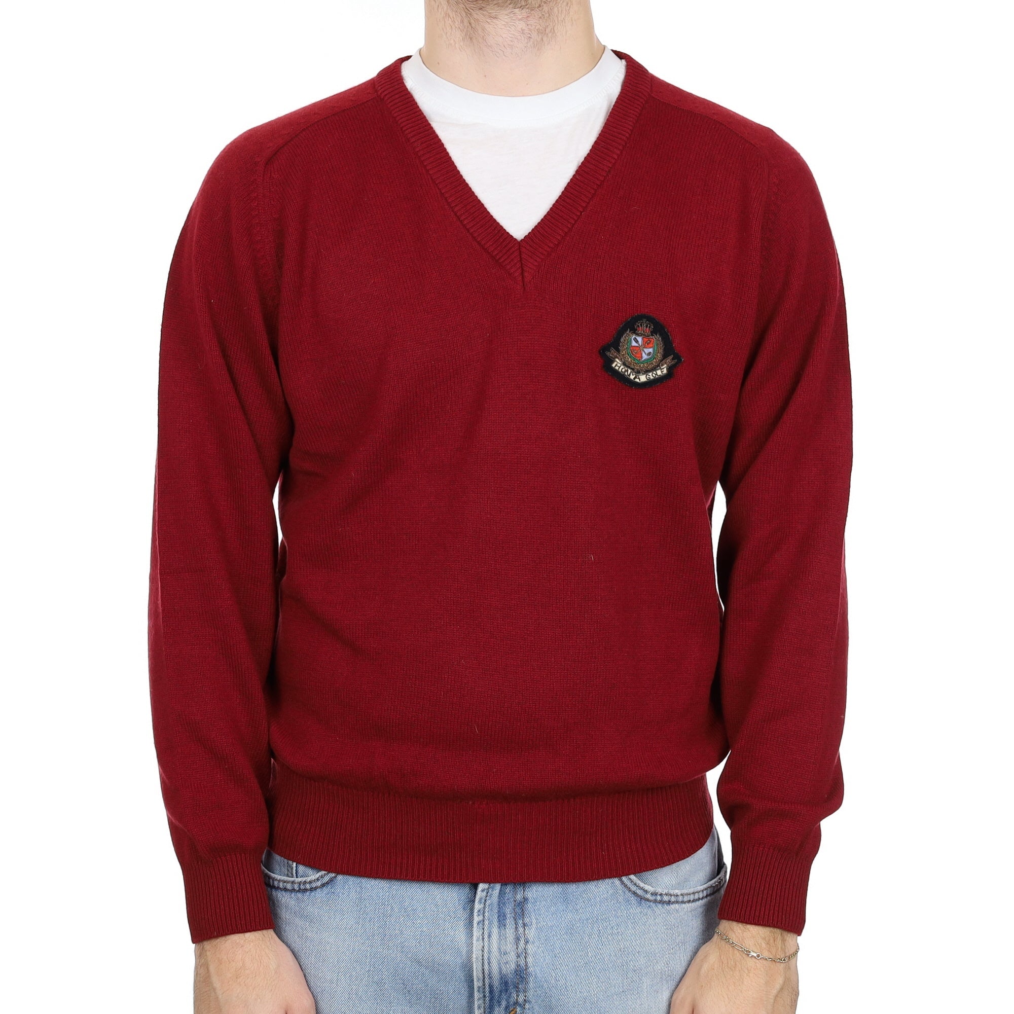 Men's Maroon Cashmere V Neck Honma Golf Jumper Large