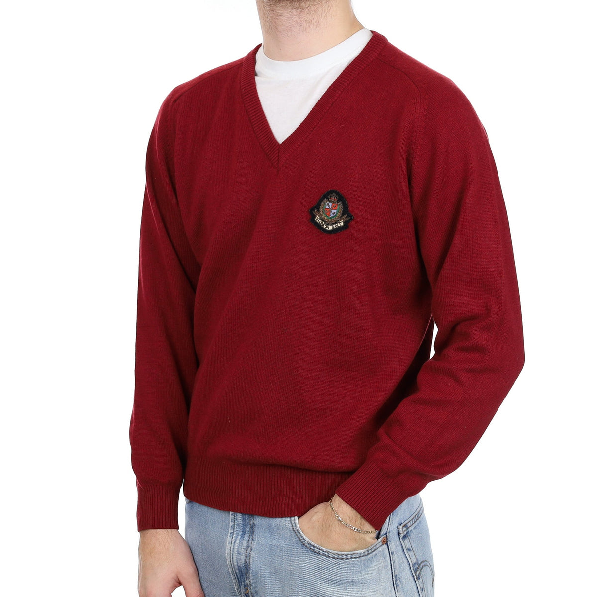 Men's Maroon Cashmere V Neck Honma Golf Jumper Large