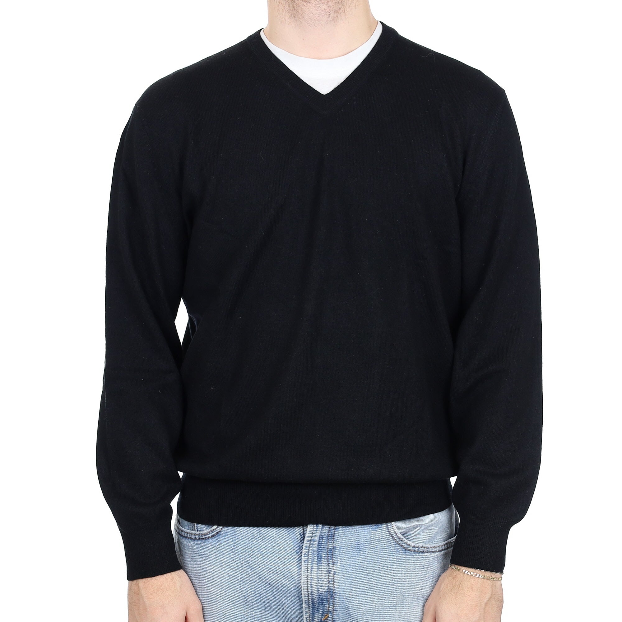 Men's Black Cashmere V Neck Jumper Large