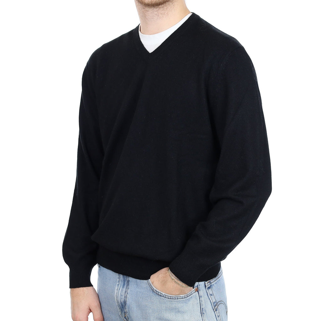 Men's Black Cashmere V Neck Jumper Large