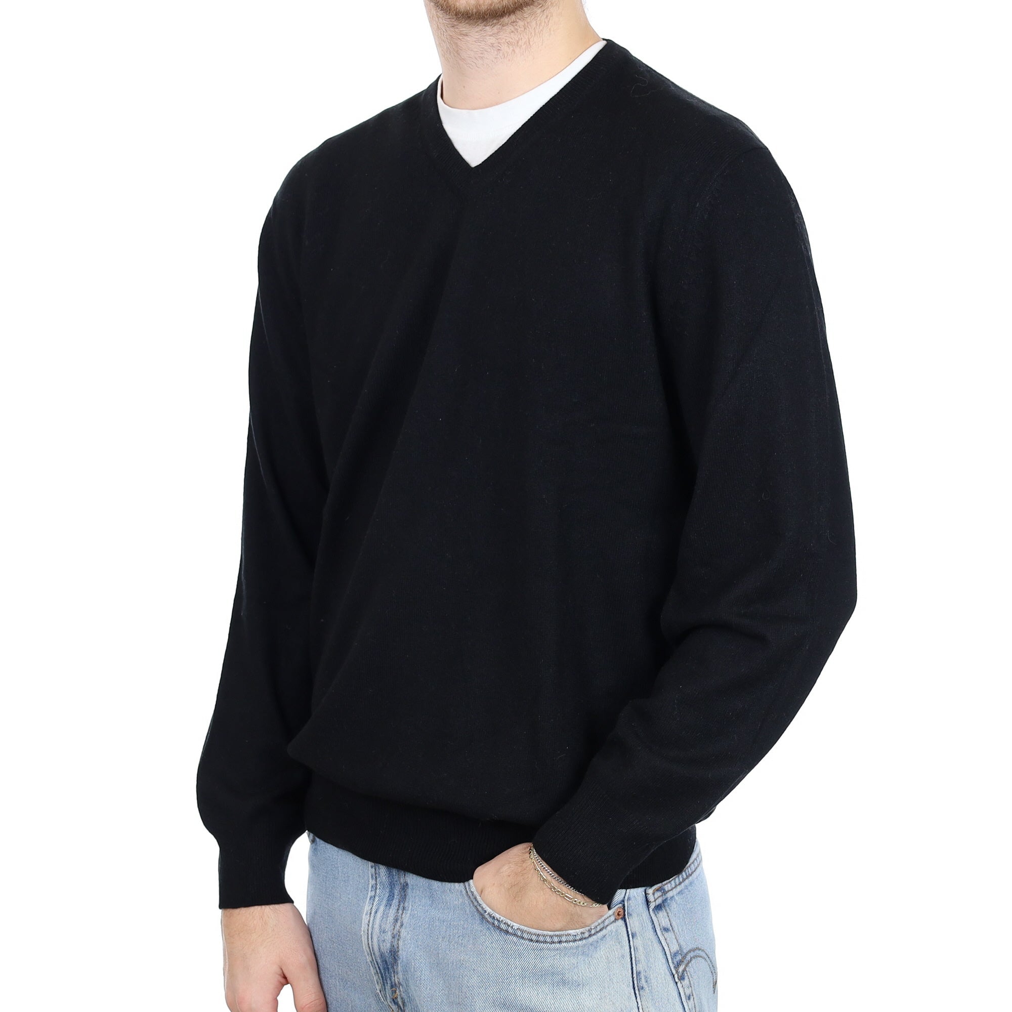 Men's Black Cashmere V Neck Jumper Large