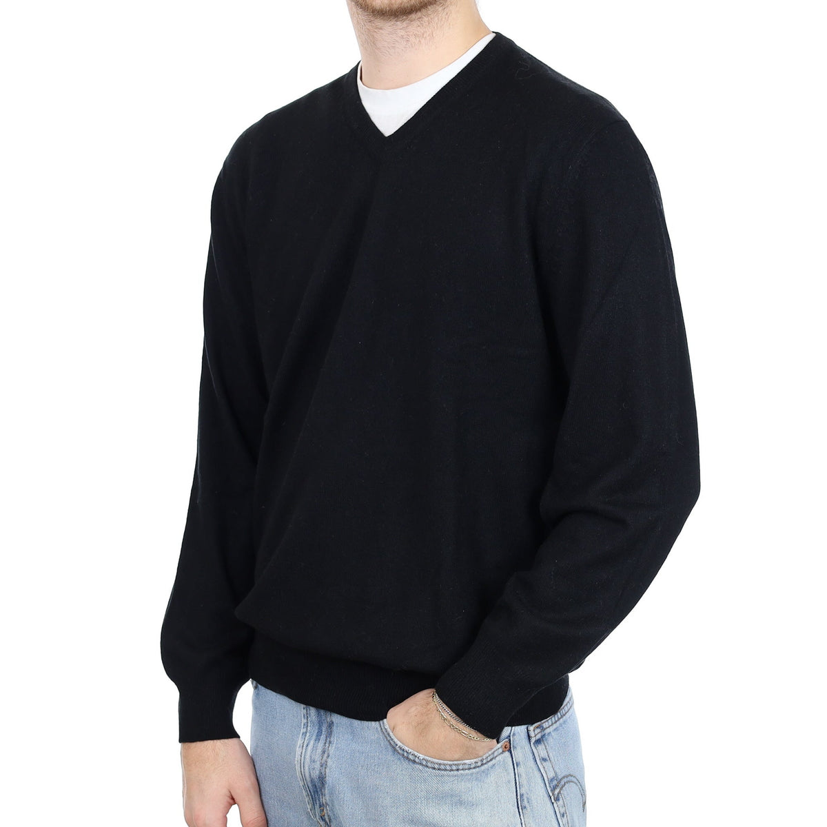 Men's Black Cashmere V Neck Jumper Large
