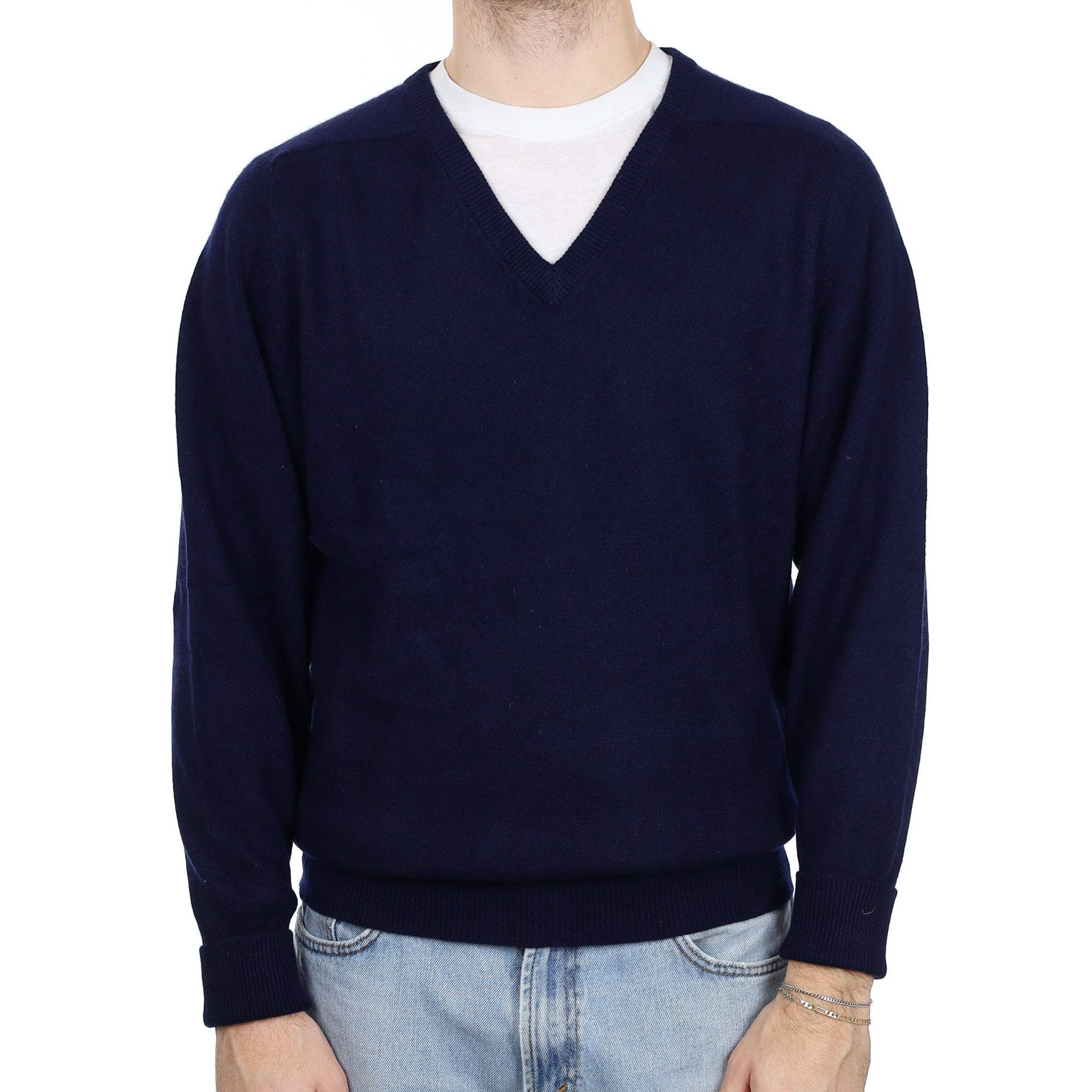 Men's Scottish Navy Blue Cashmere V Neck Jumper Large
