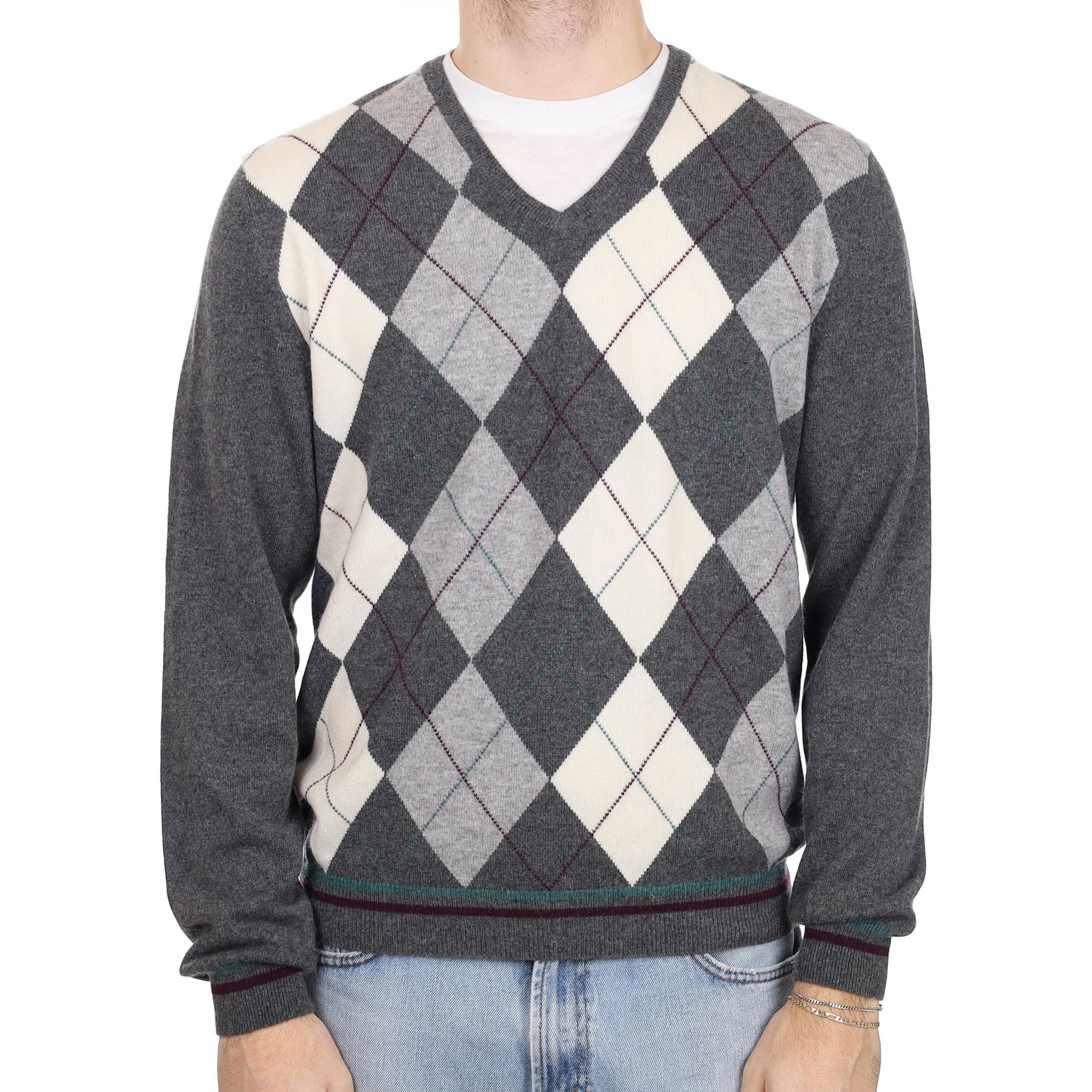 Men's Grey and Ivory Diamond Cashmere V Neck Jumper Large