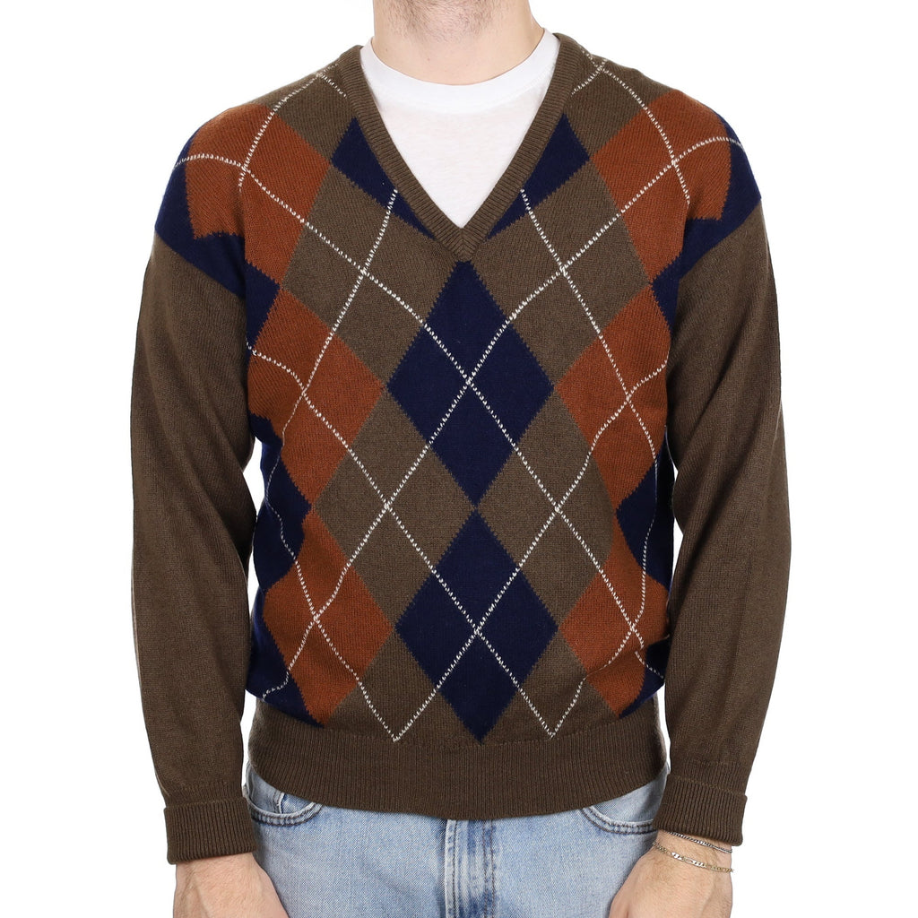 Men's  Scottish Brown and Rust Diamond Cashmere V Neck Jumper Large