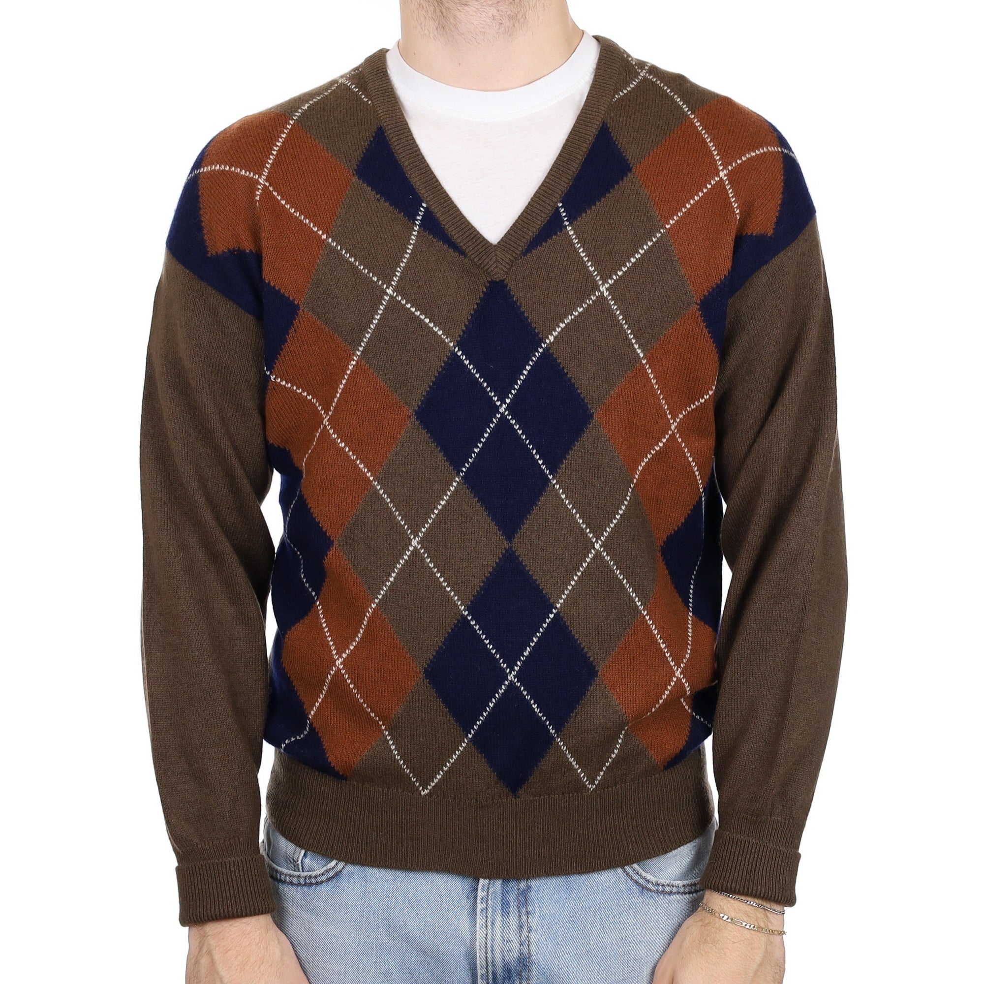 Men's  Scottish Brown and Rust Diamond Cashmere V Neck Jumper Large