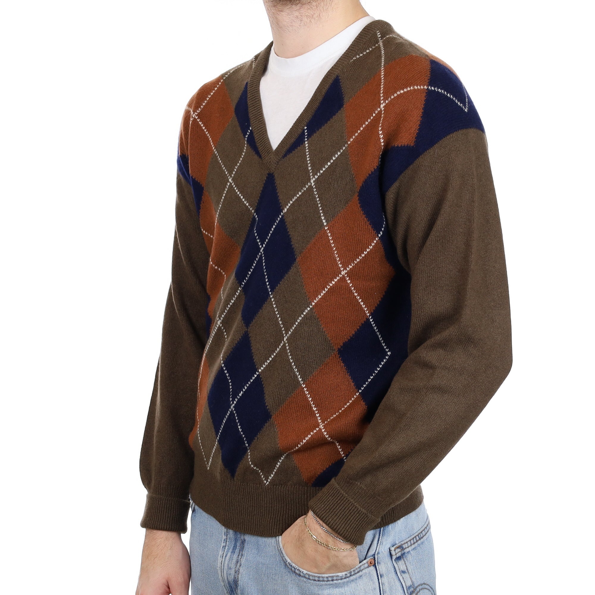 Men's  Scottish Brown and Rust Diamond Cashmere V Neck Jumper Large