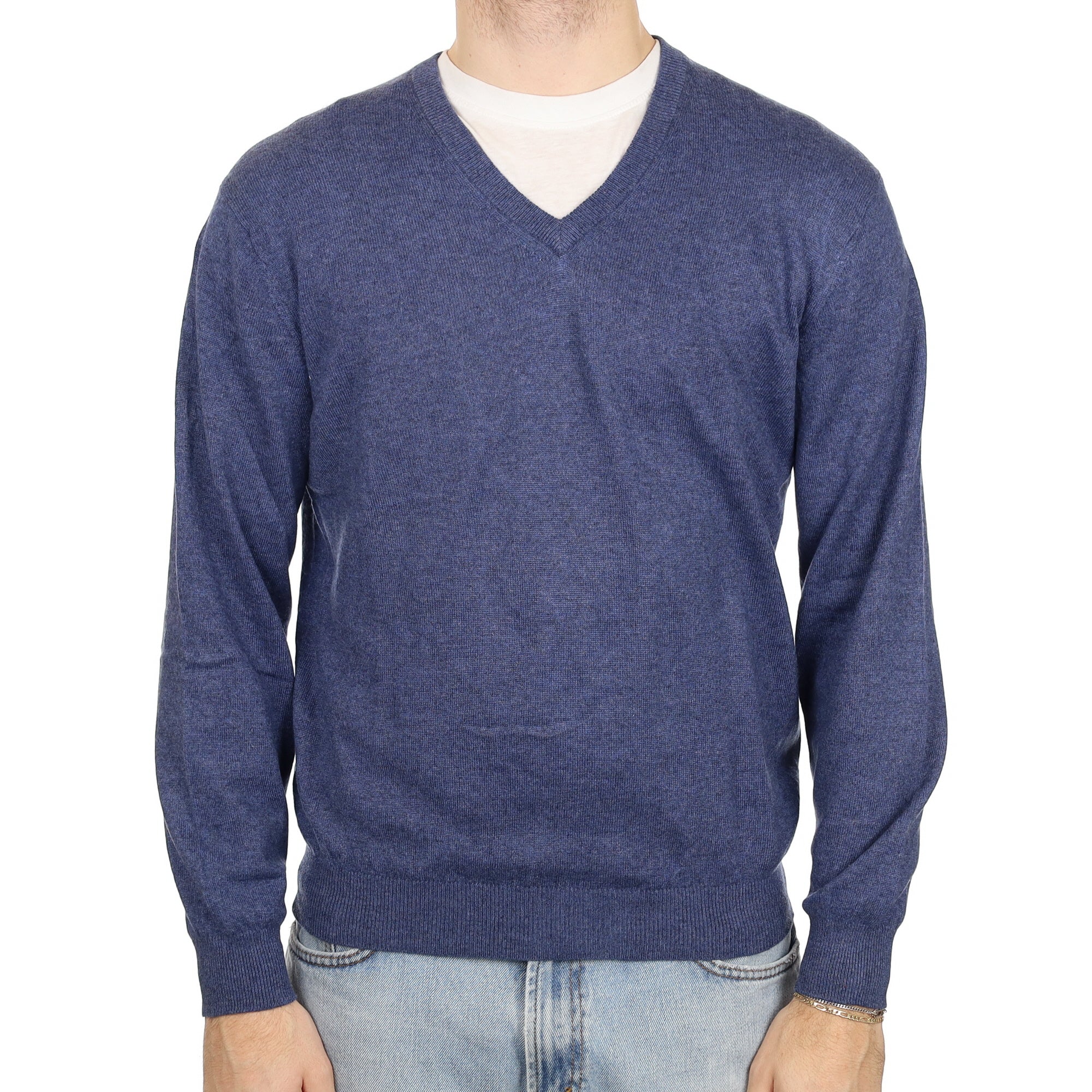 Men's Naval Blue Cashmere V Neck Jumper Large