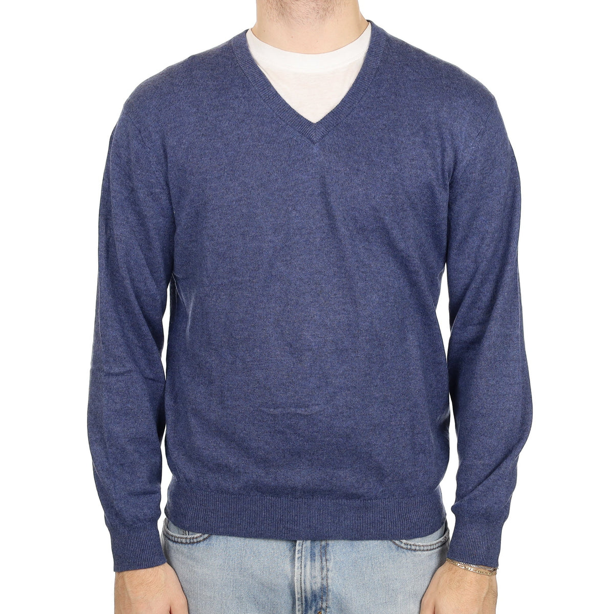 Men's Naval Blue Cashmere V Neck Jumper Large
