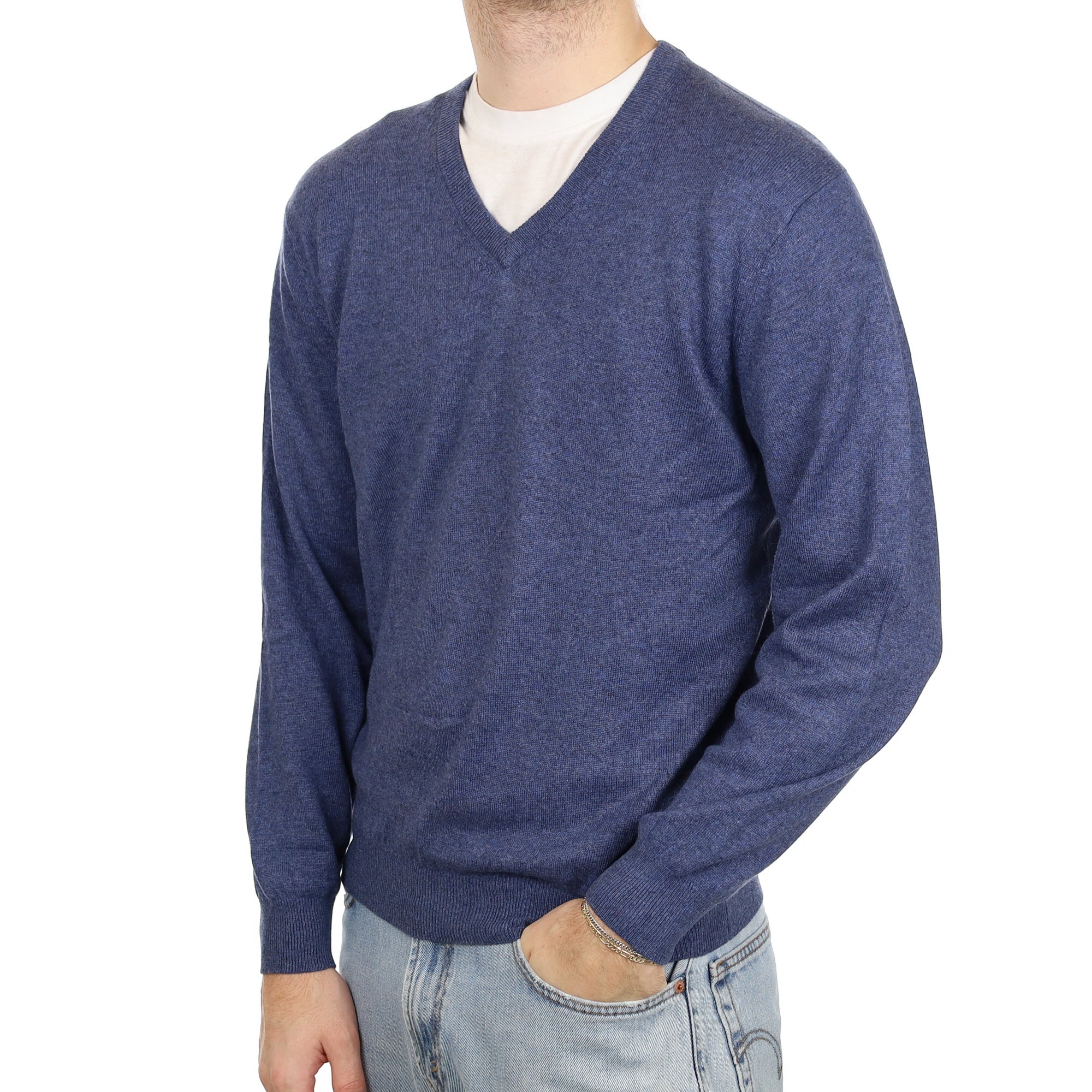 Men's Naval Blue Cashmere V Neck Jumper Large