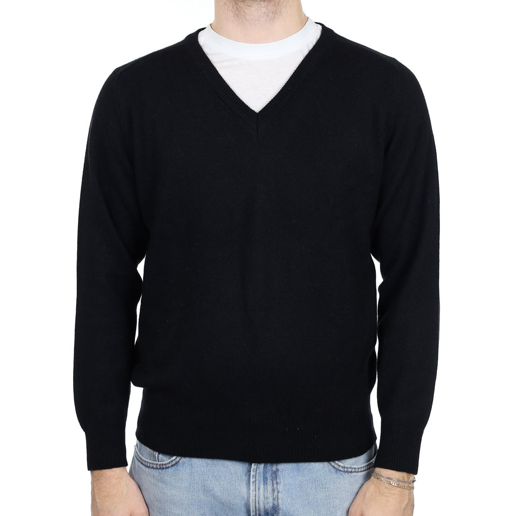 Men's Black Cashmere V Neck Jumper Large
