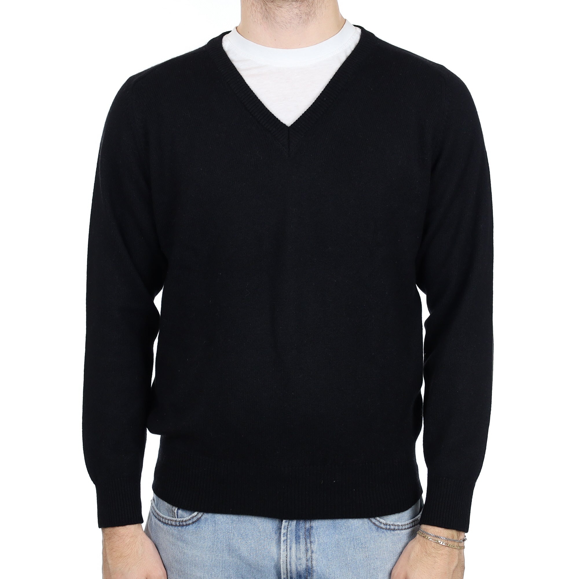 Men's Black Cashmere V Neck Jumper Large