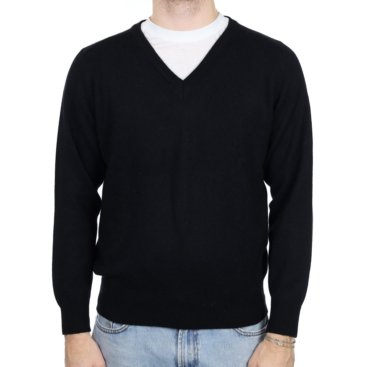 Men's Black Cashmere V Neck Jumper Large