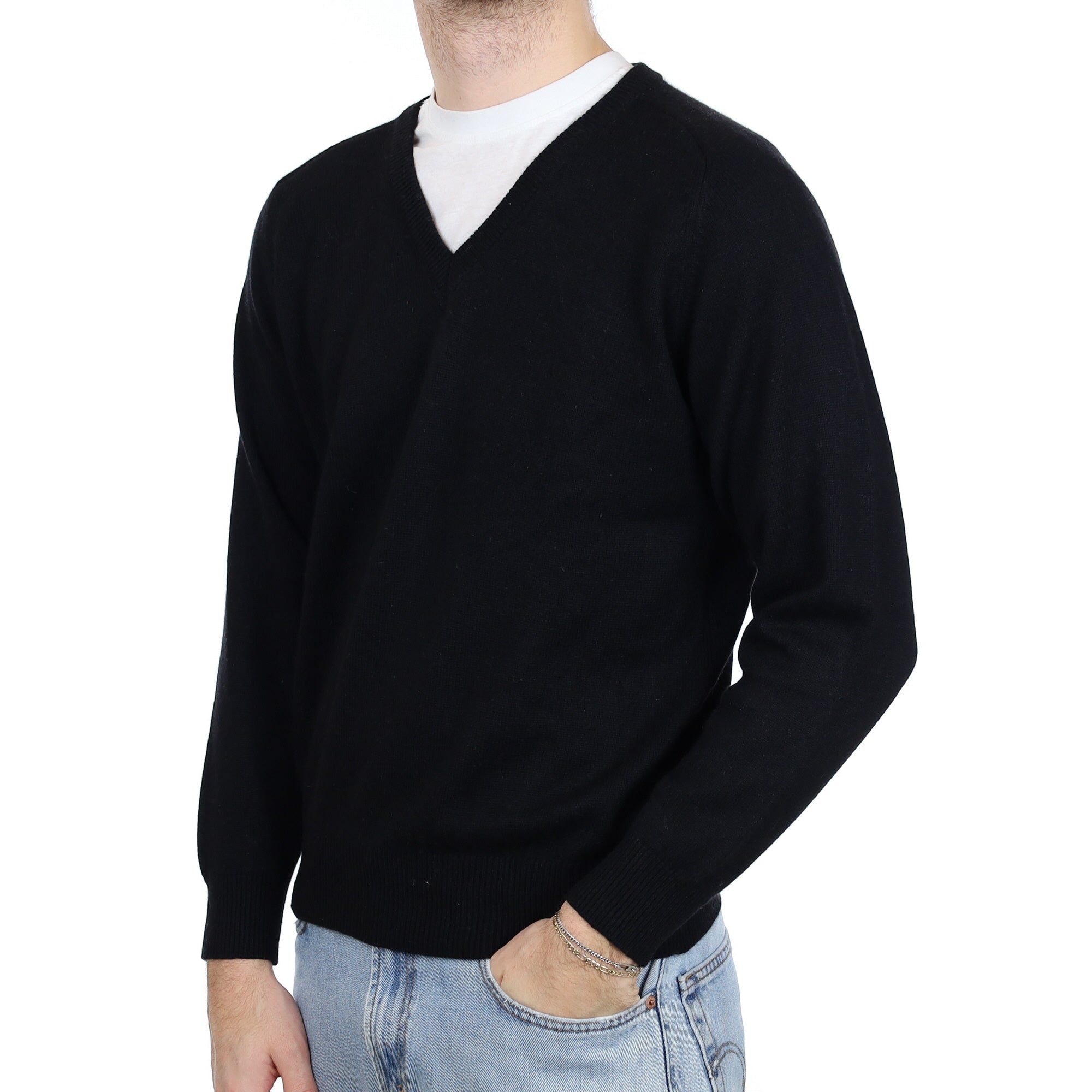 Men's Black Cashmere V Neck Jumper Large