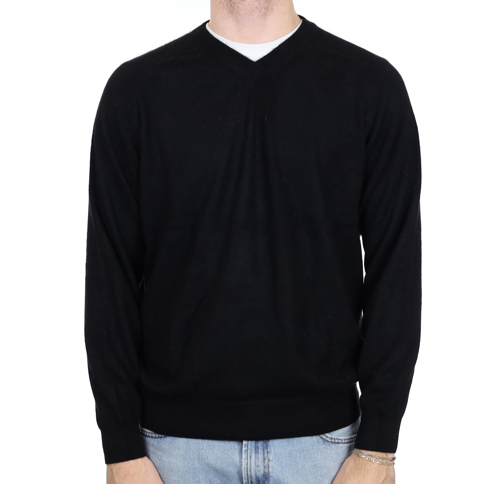 Men's Black Cashmere V Neck Jumper Large