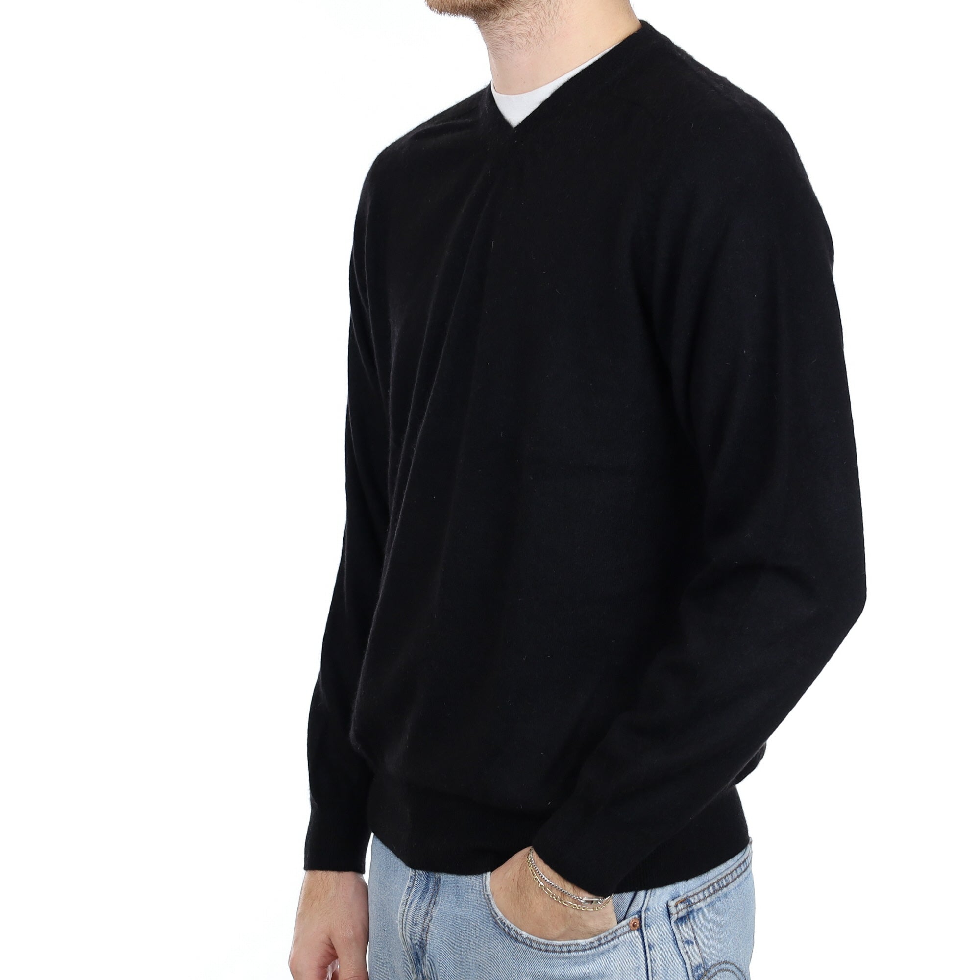 Men's Black Cashmere V Neck Jumper Large