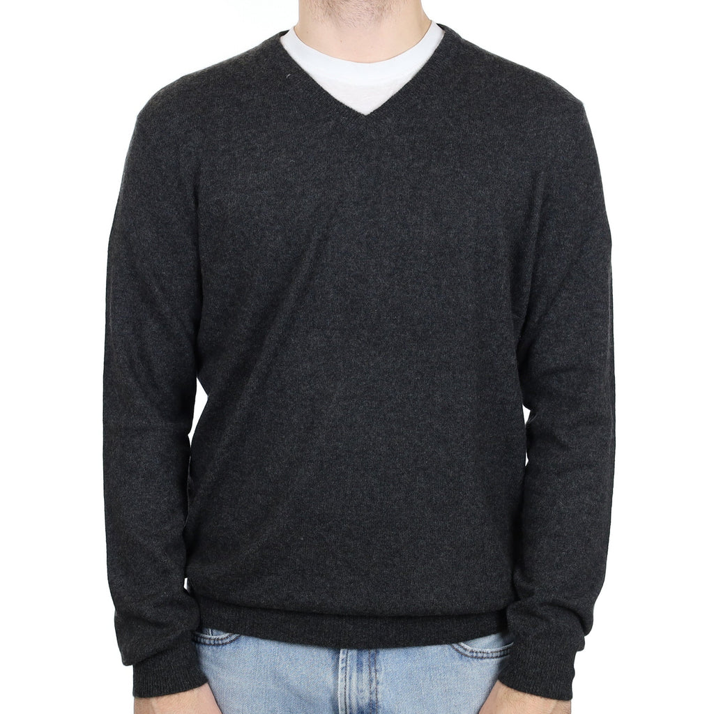 Men's Charcoal Grey Cashmere V Neck Jumper Large