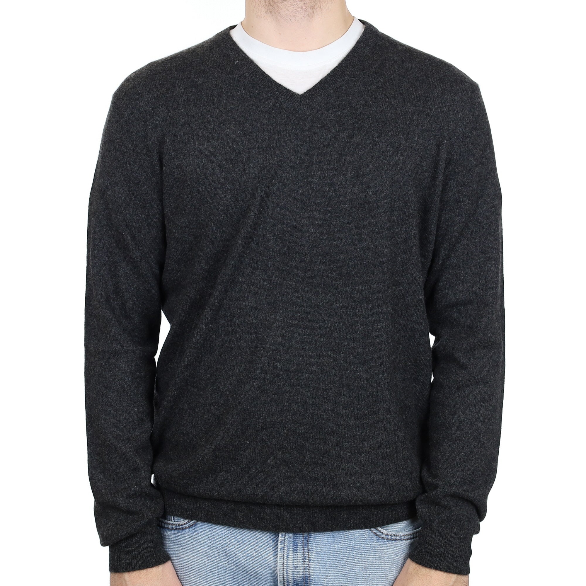 Men's Charcoal Grey Cashmere V Neck Jumper Large