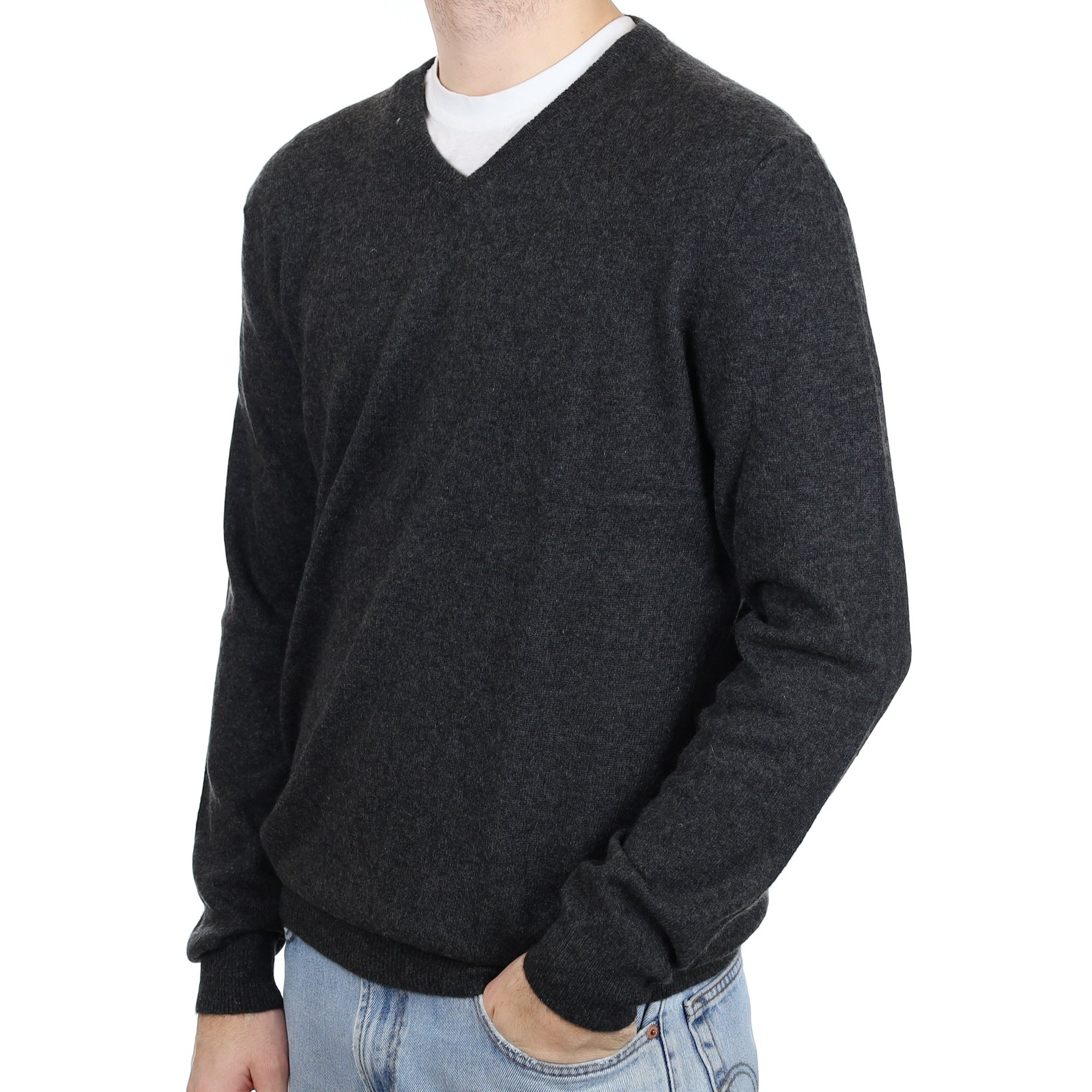 Men's Charcoal Grey Cashmere V Neck Jumper Large