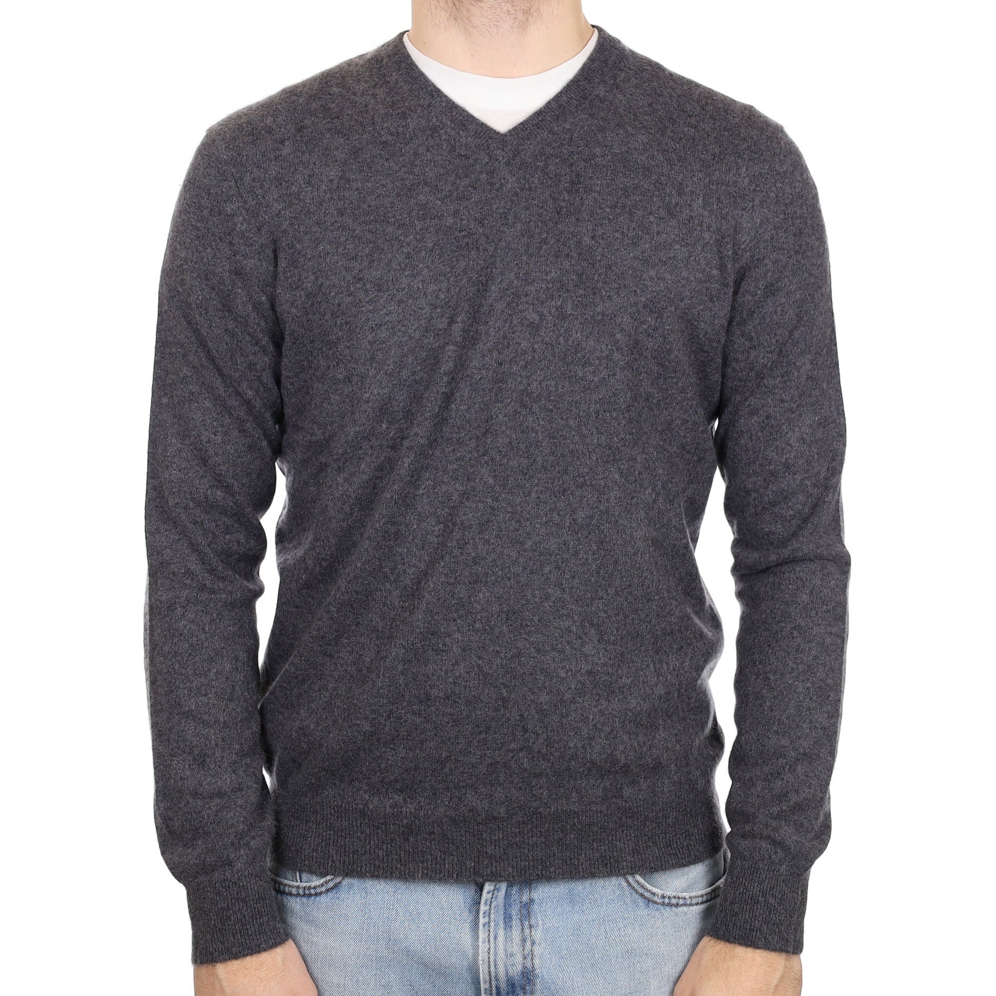 Men's Slate Grey Cashmere V Neck Jumper Large