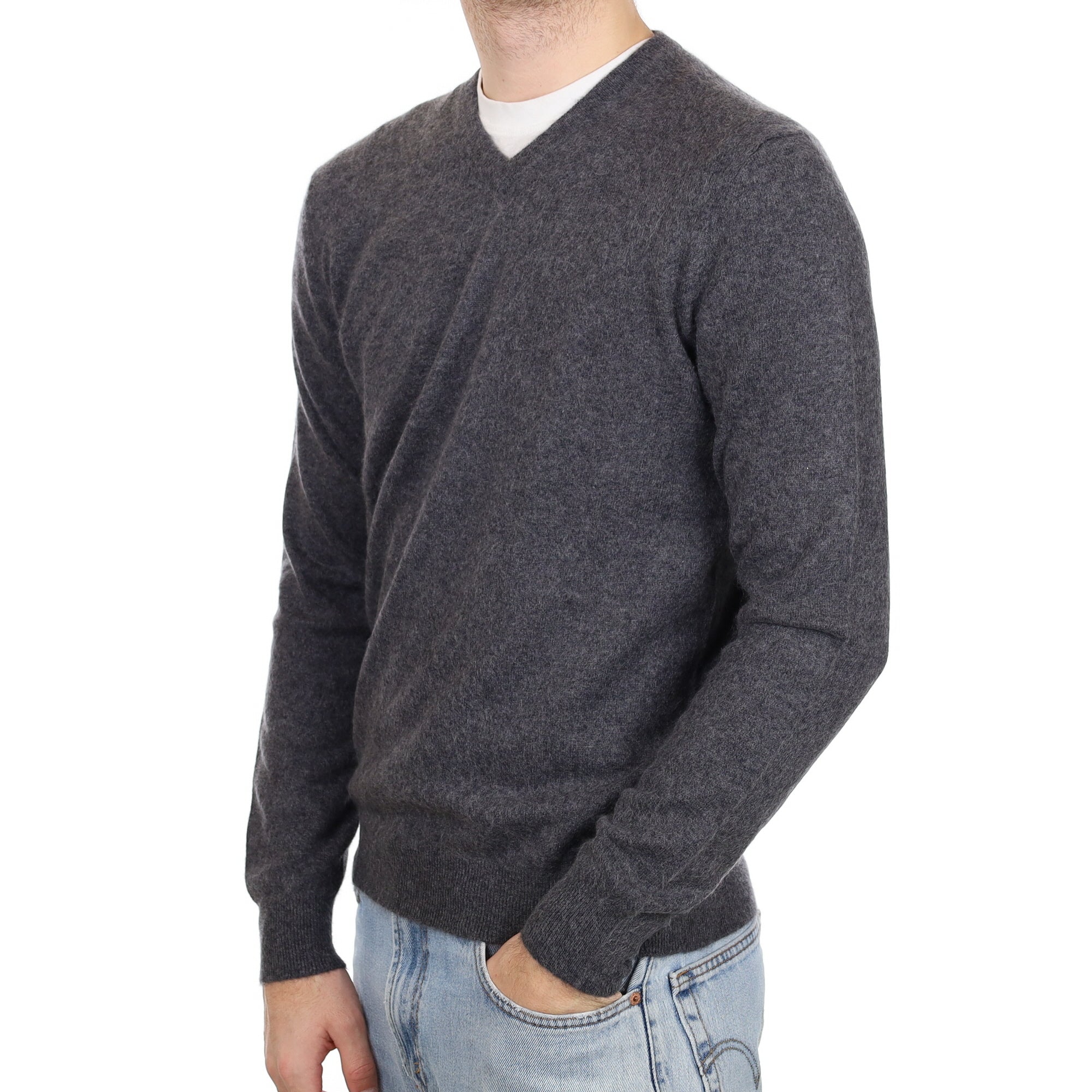 Men's Slate Grey Cashmere V Neck Jumper Large