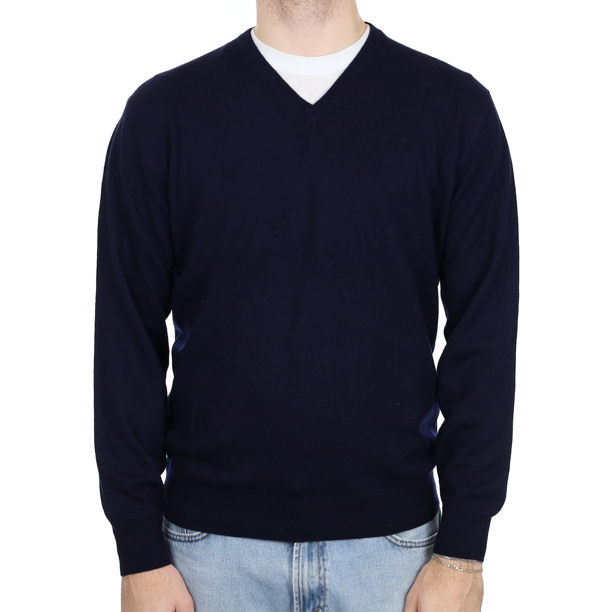 Men's Navy Blue Cashmere V Neck Jumper Large