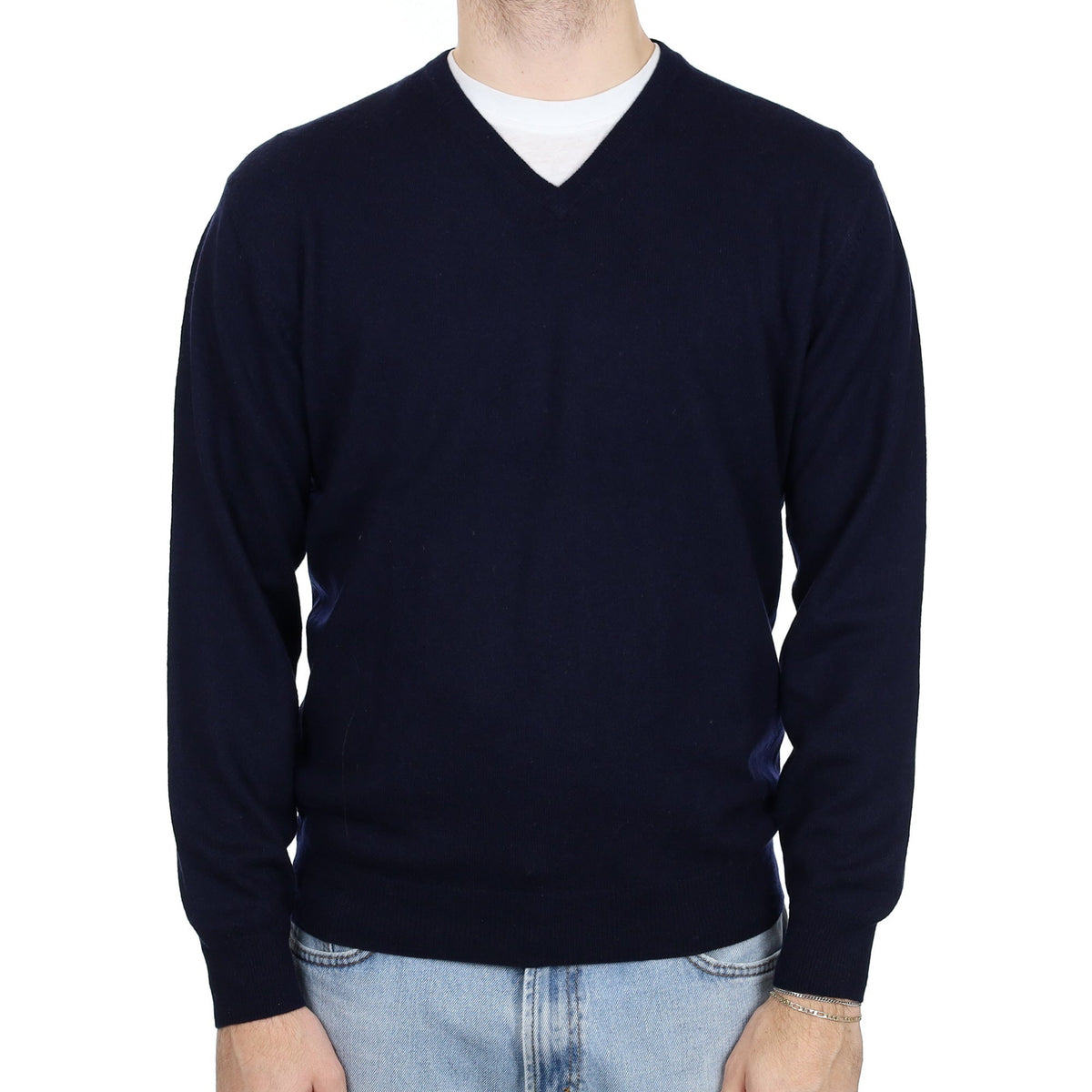 Men's Navy Blue Cashmere V Neck Jumper Large