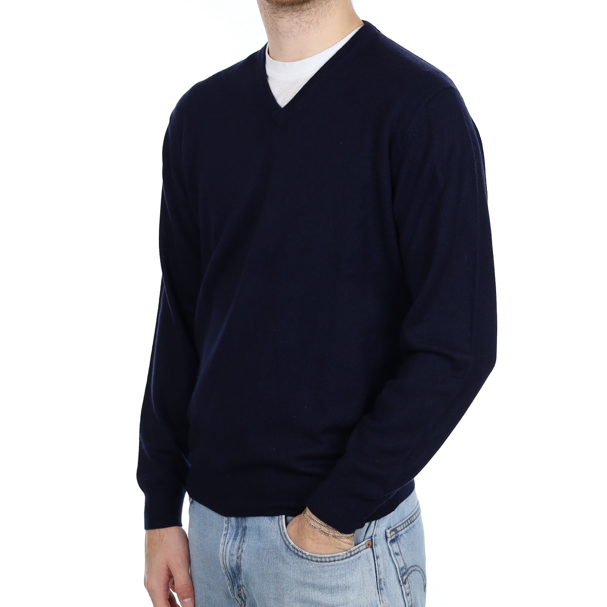 Men's Navy Blue Cashmere V Neck Jumper Large