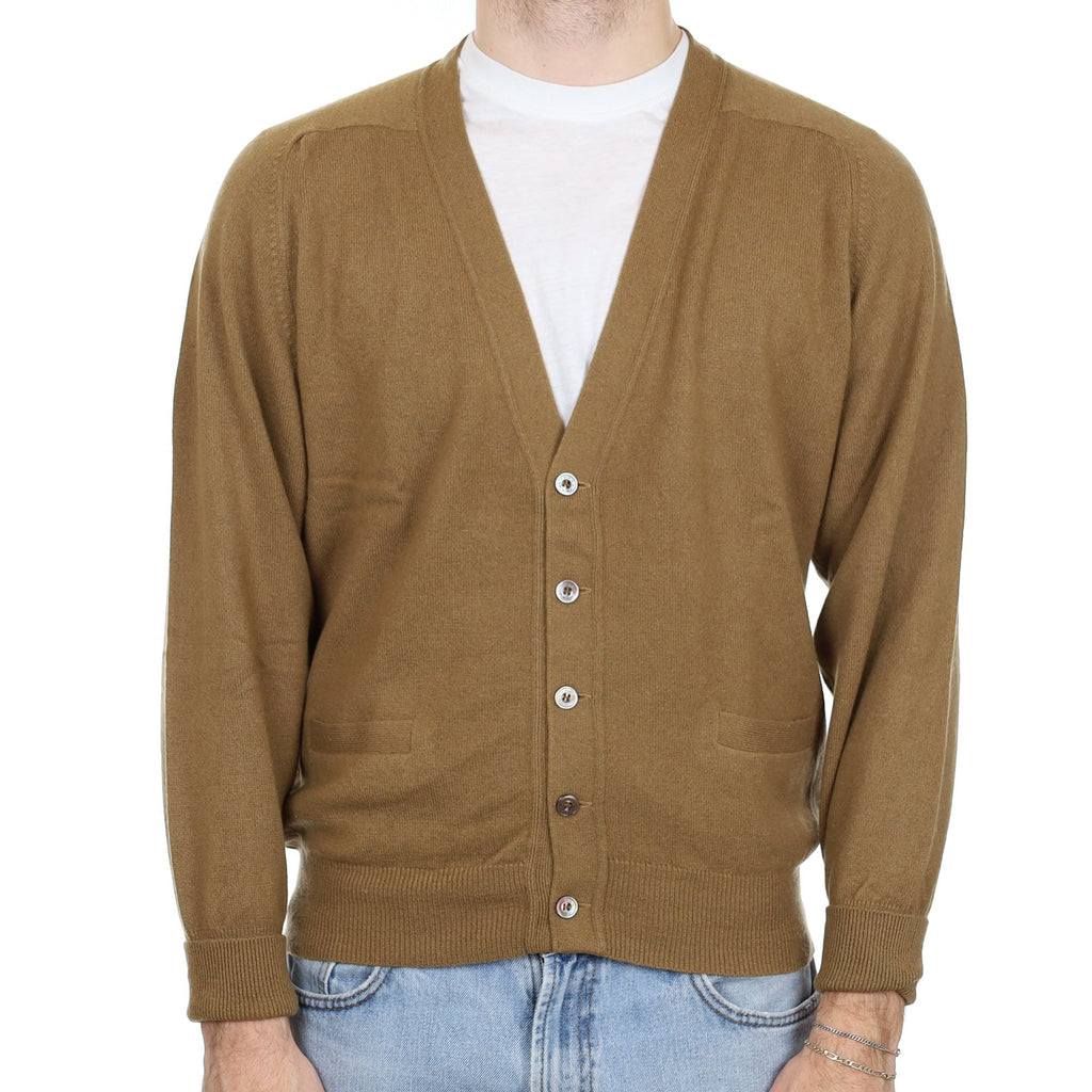 Men's Butterscotch Brown Cashmere V Neck Cardigan with Pockets Large