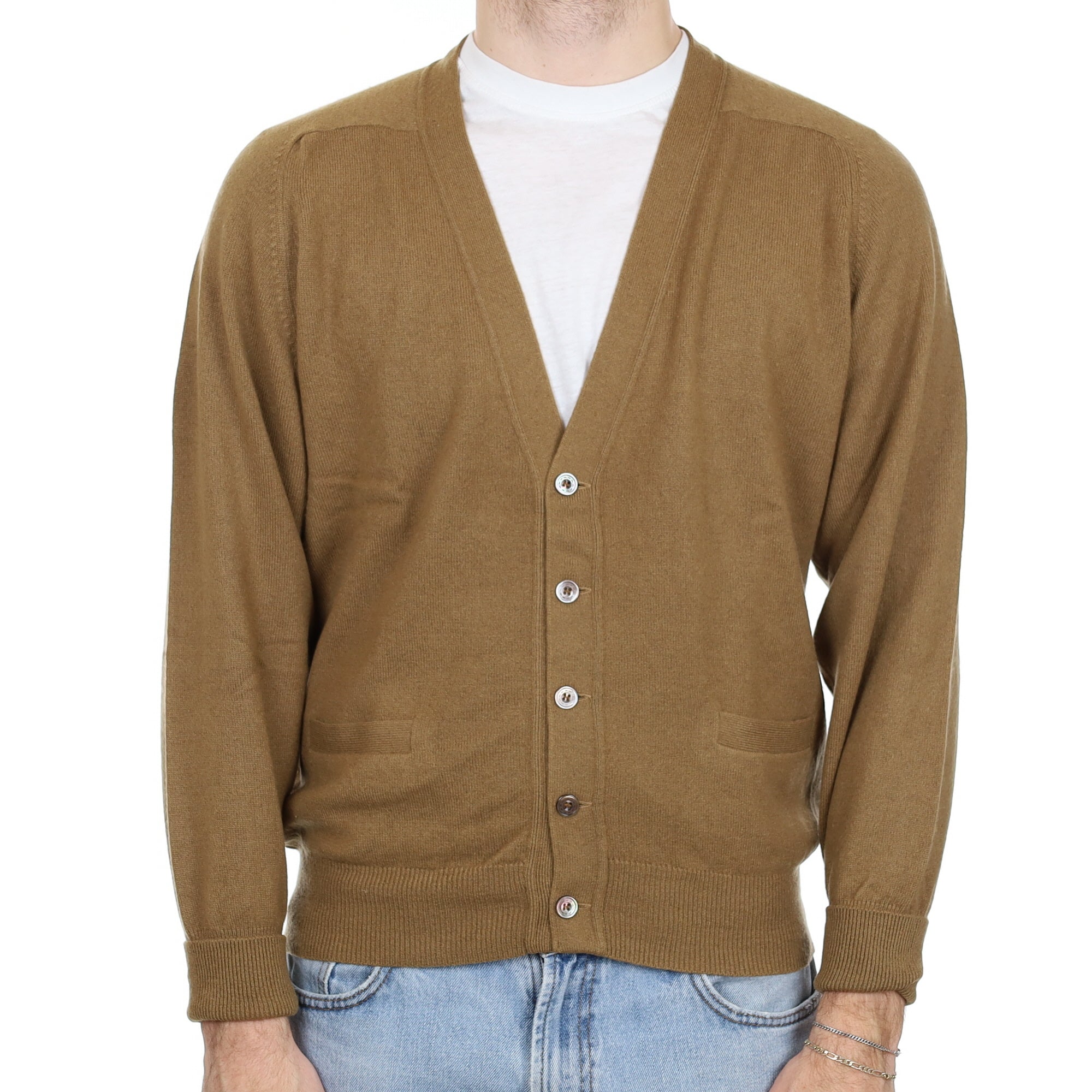 Men's Butterscotch Brown Cashmere V Neck Cardigan with Pockets Large