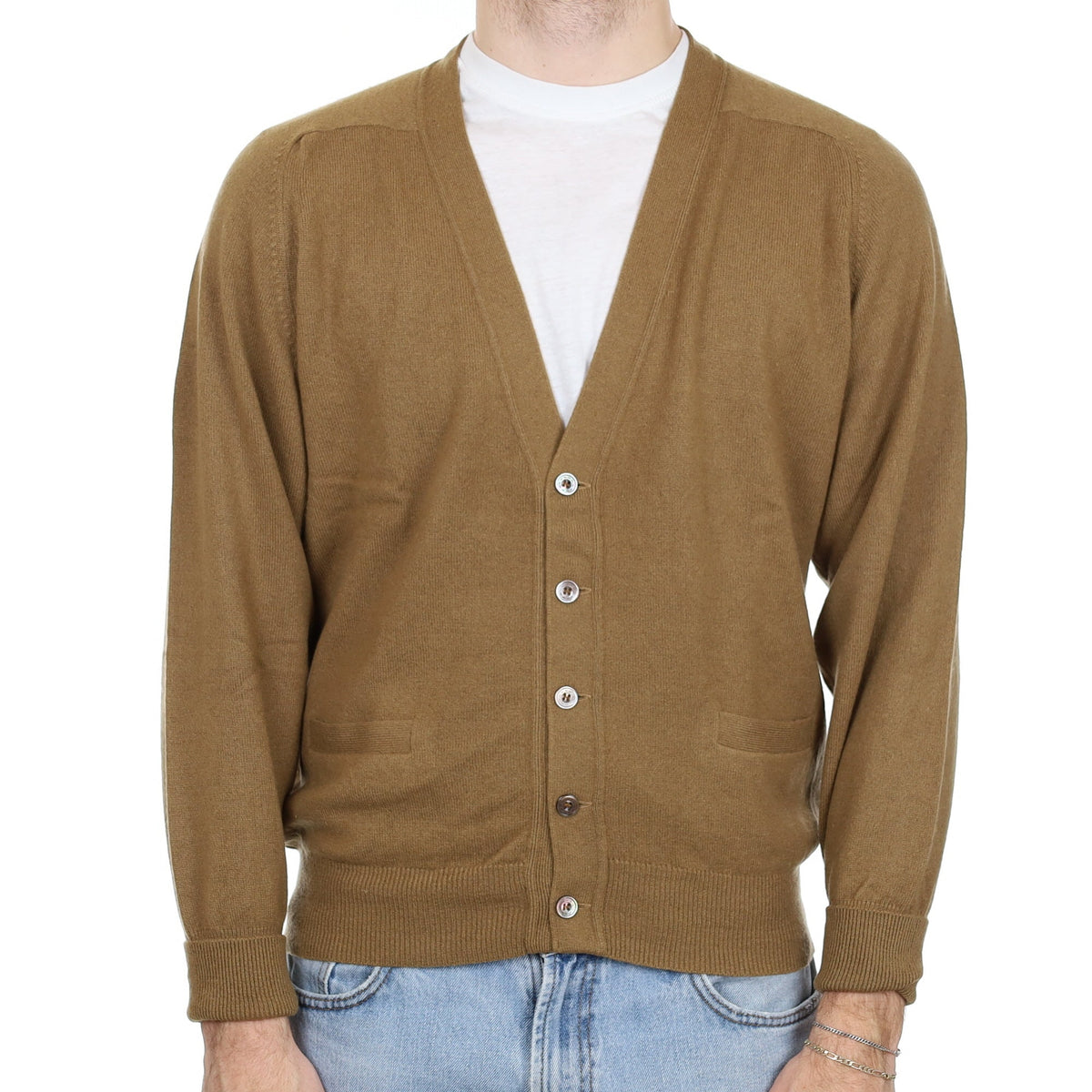 Men's Butterscotch Brown Cashmere V Neck Cardigan with Pockets Large